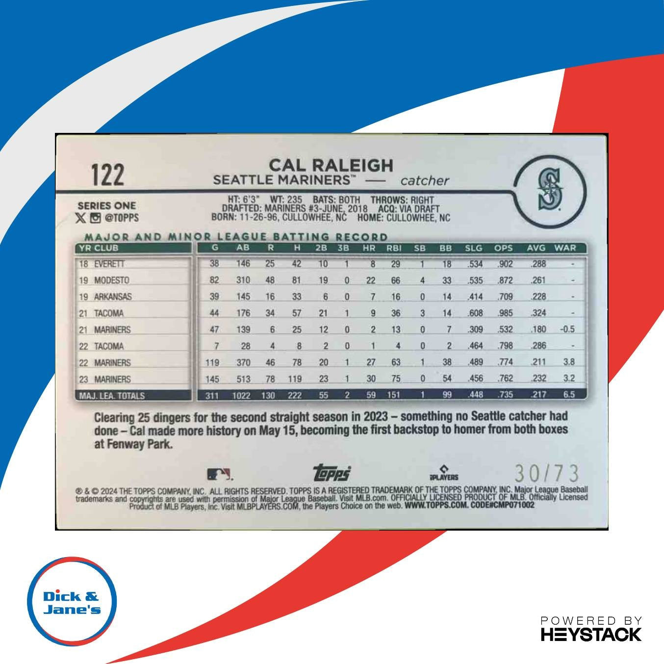 2024 Topps Cal Raleigh Black 30/73 #122 Seattle Mariners - Sports Cards