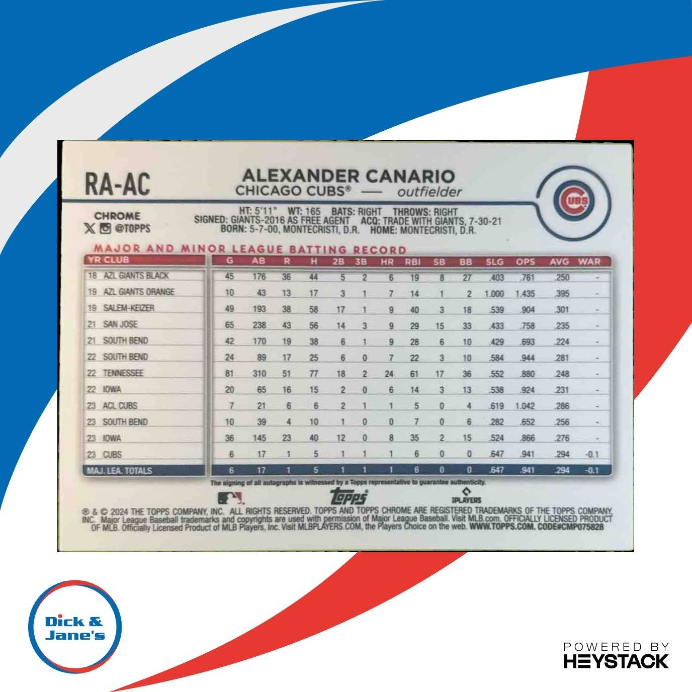 2024 Topps Chrome Alexander Canario Rookie Auto Purple Speckle /299 RC Cubs - Sports Cards