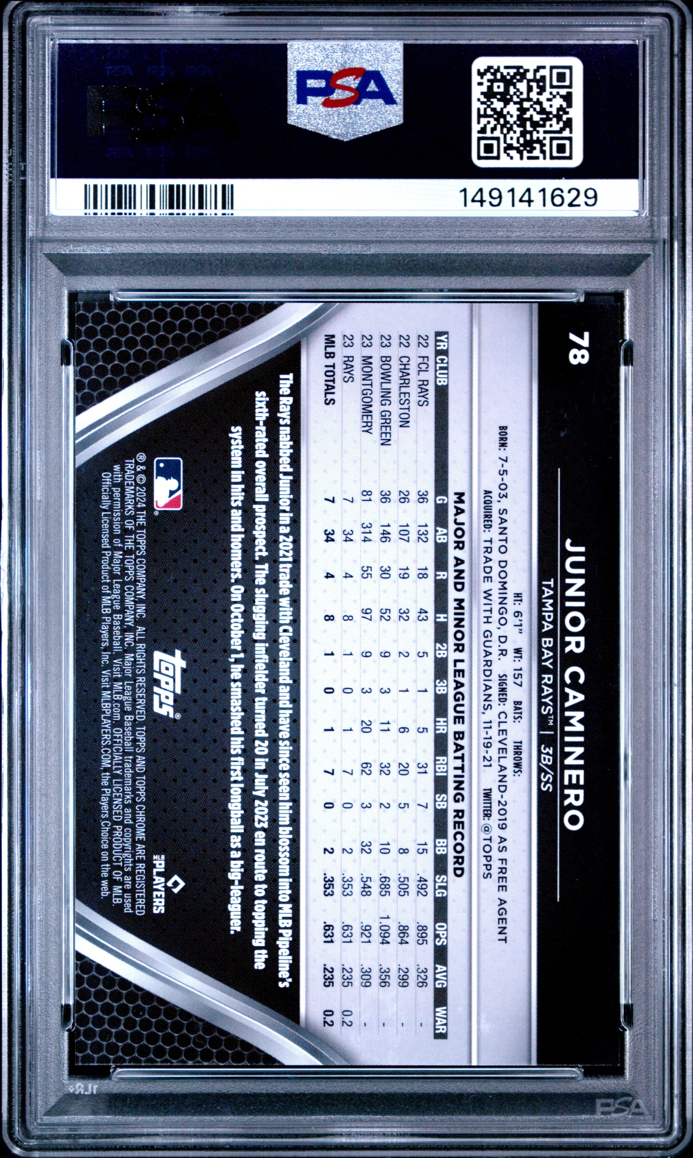 2024 Topps Chrome Black Junior Caminero Green Wave 93/99 #78 PSA 9 - Graded Sports Cards