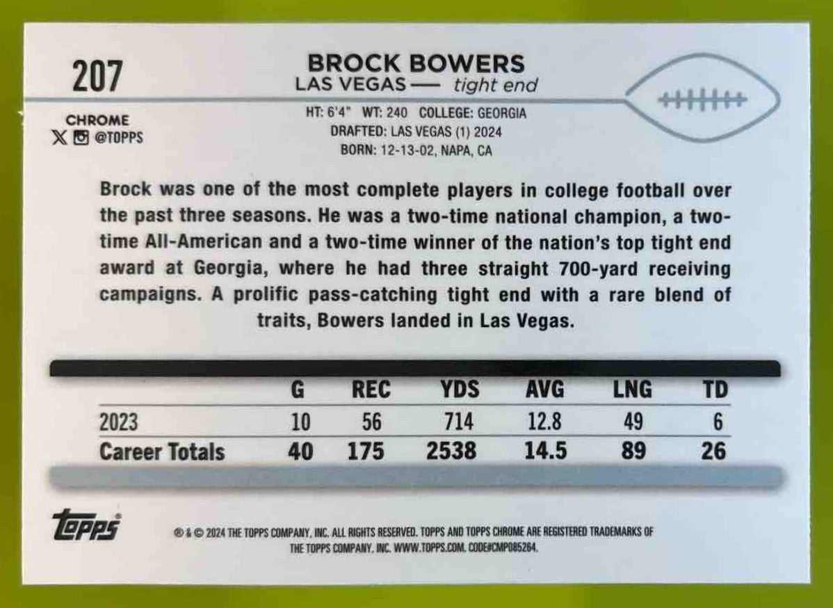 2024 Topps Chrome Brock Bowers Pink Refractor #207 RC Las Vegas Raiders - Sports Cards