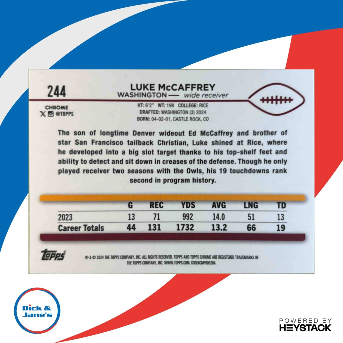 2024 Topps Chrome Luke McCaffrey X-Fractor #244 RC Washington Commanders - Sports Cards