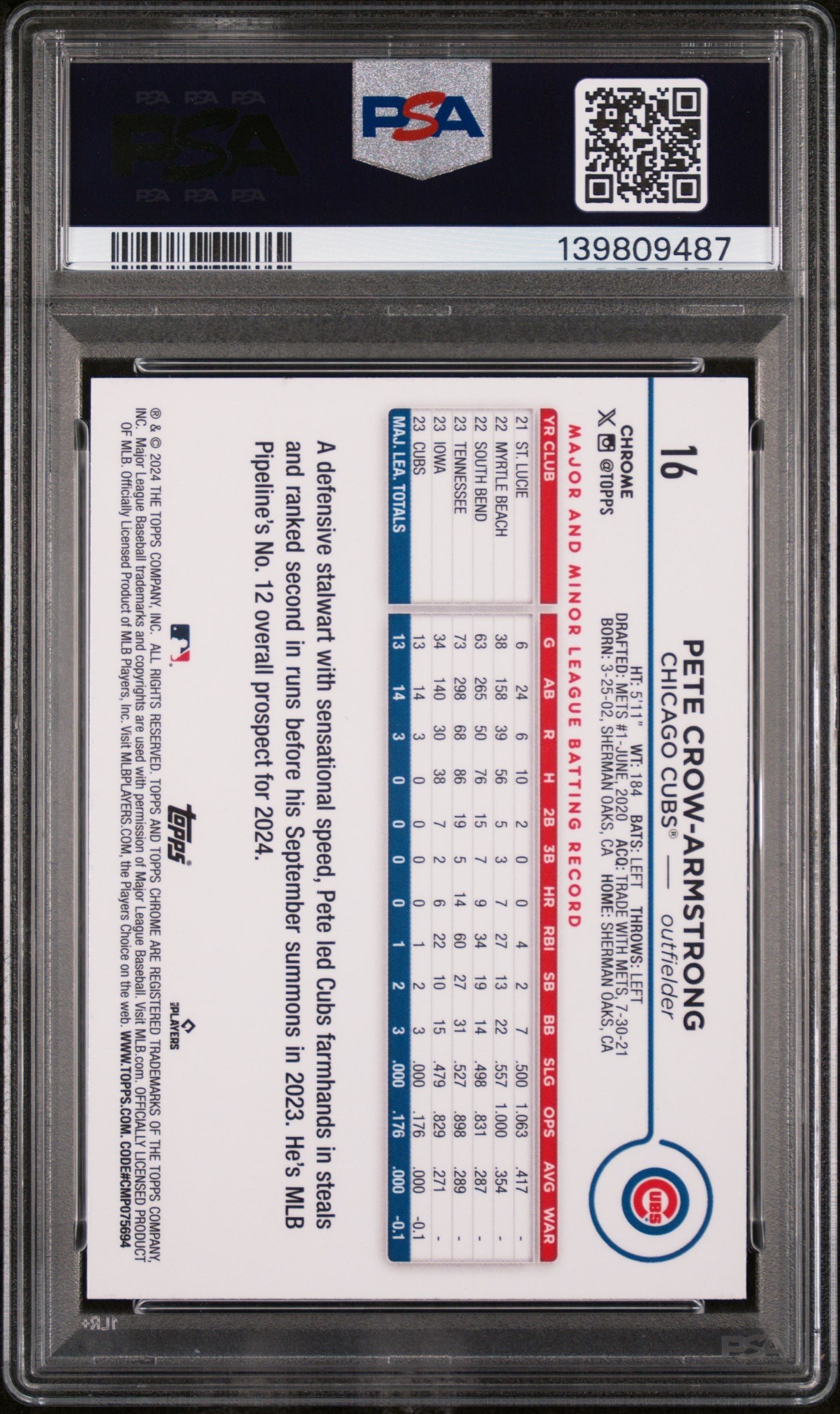 2024 Topps Chrome Pete Crow-Armstrong X Fractor #16 PSA 9 - Graded Sports Cards