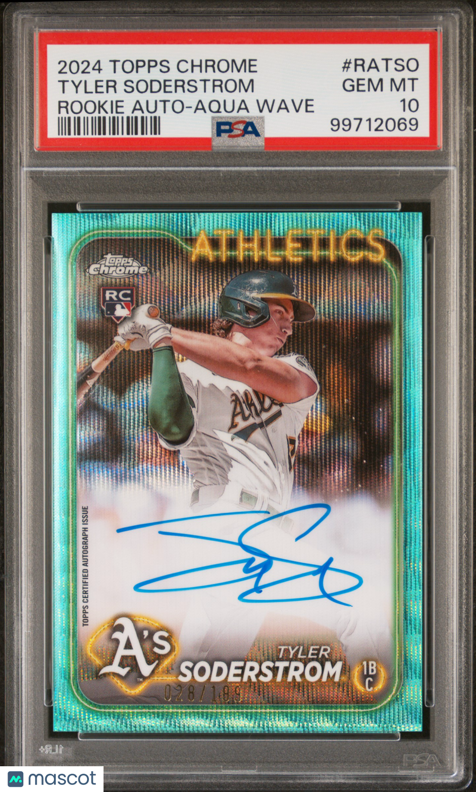 2024 Topps Chrome Rookie Autographs Tyler Soderstrom Aqua Wave 028/189 PSA 10 - Graded Sports Cards