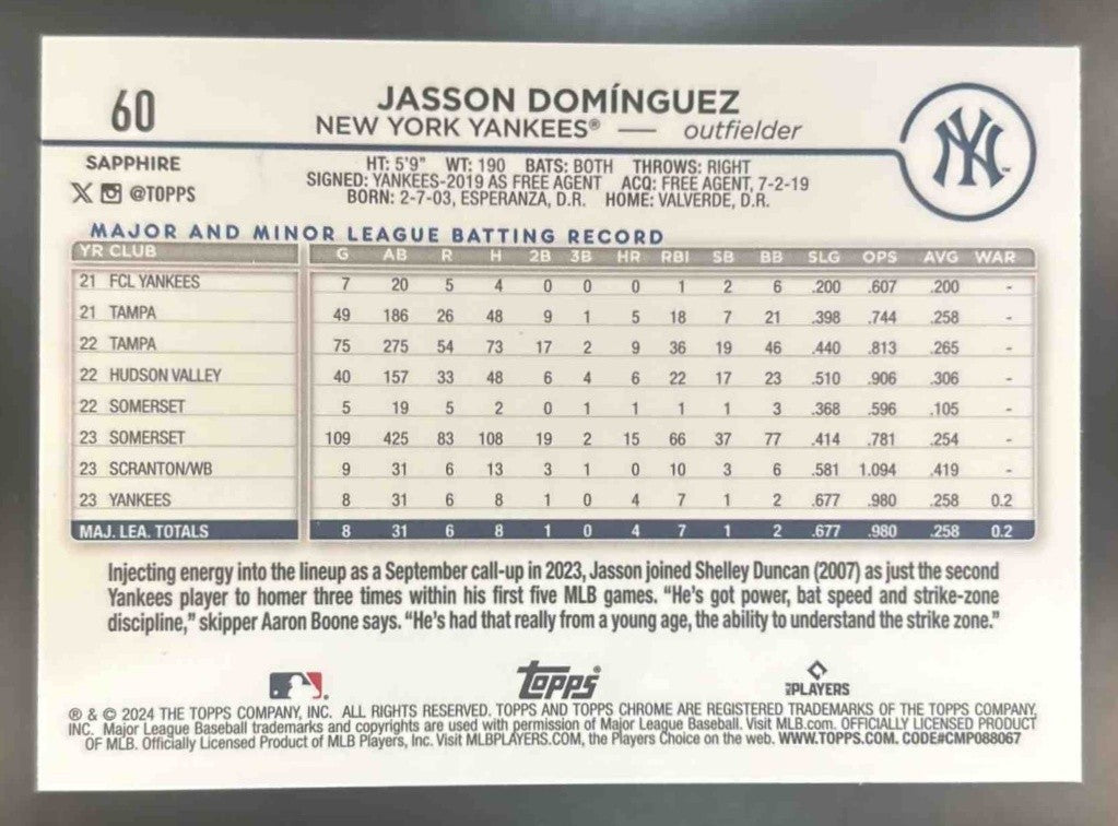 2024 Topps Chrome Sapphire Jasson Dominguez #60 RC New York Yankees - Sports Cards