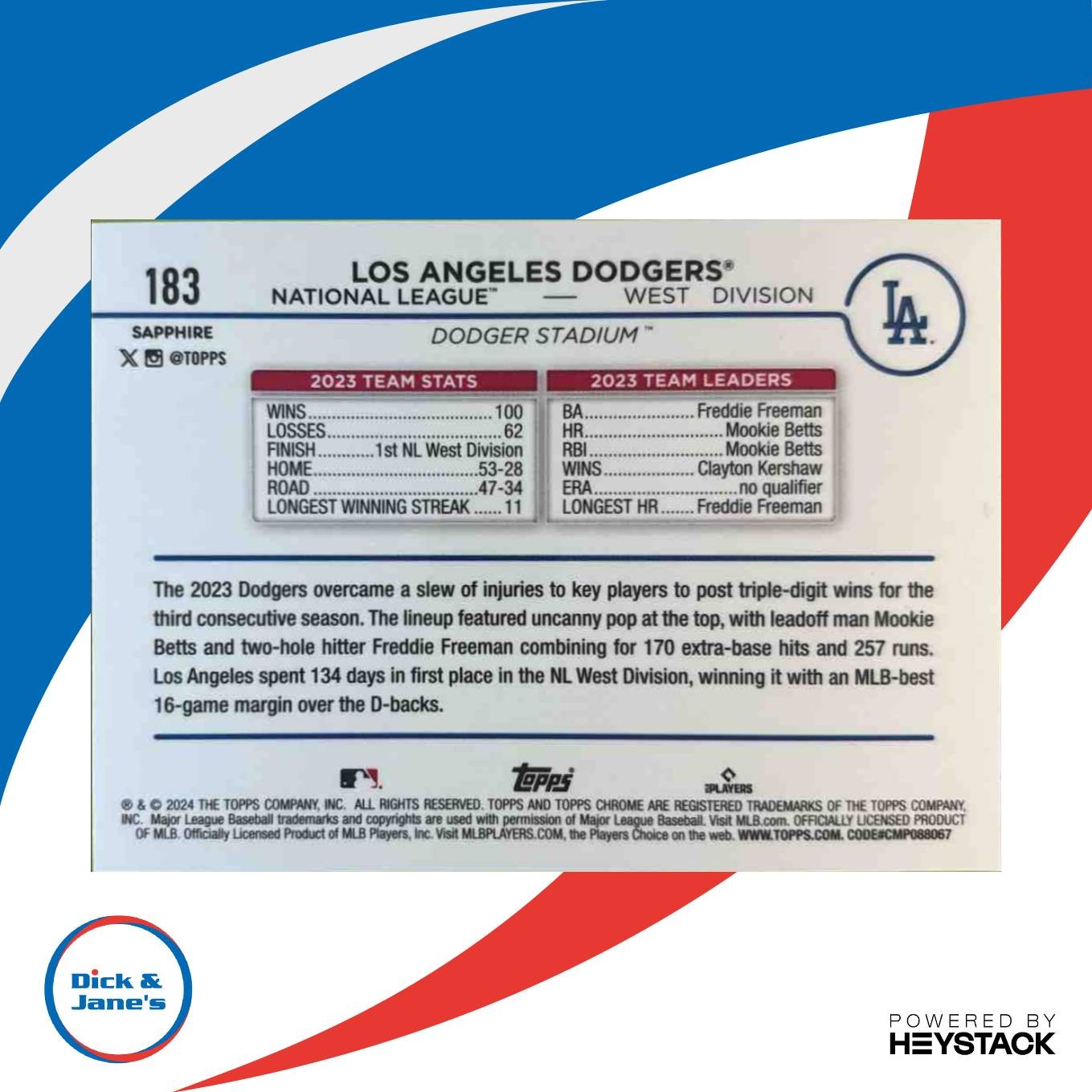 2024 Topps Chrome Sapphire Los Angeles Dodgers Team Card Gold Refractor /50 #183 - Sports Cards