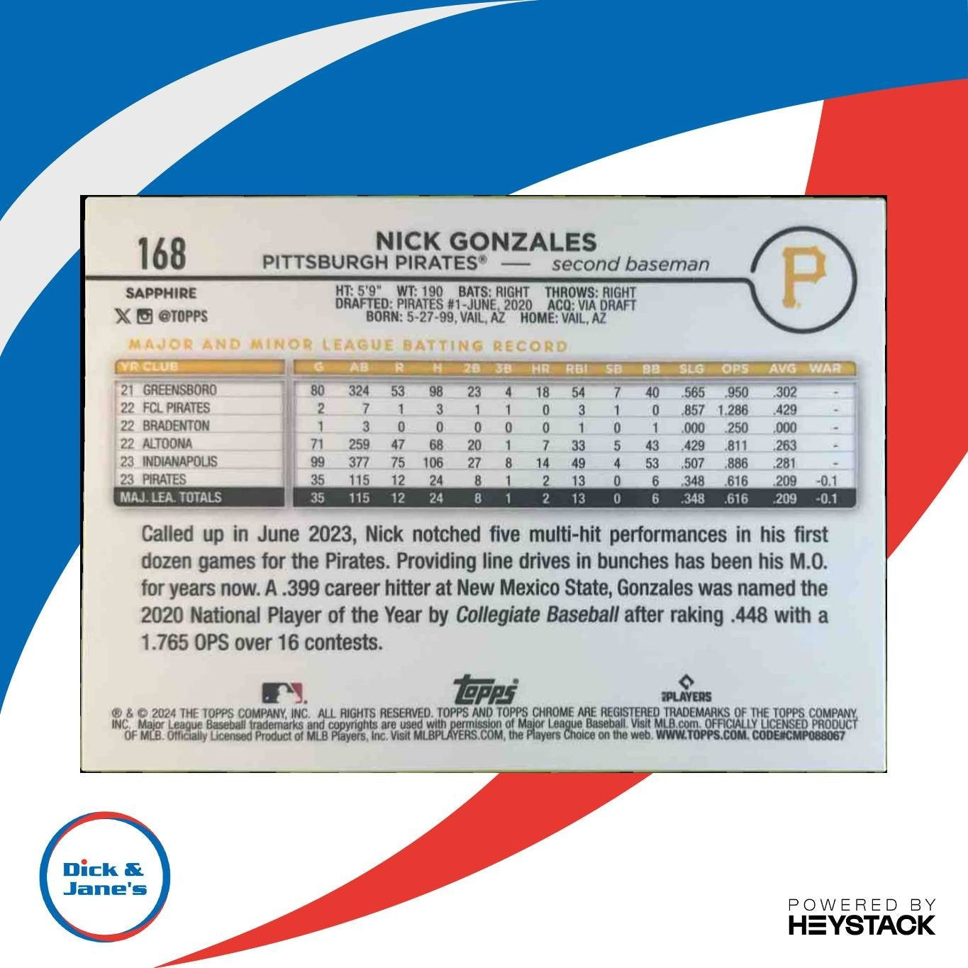 2024 Topps Chrome Sapphire Nick Gonzales Orange /25 #168 RC Pittsburgh Pirates - Sports Cards