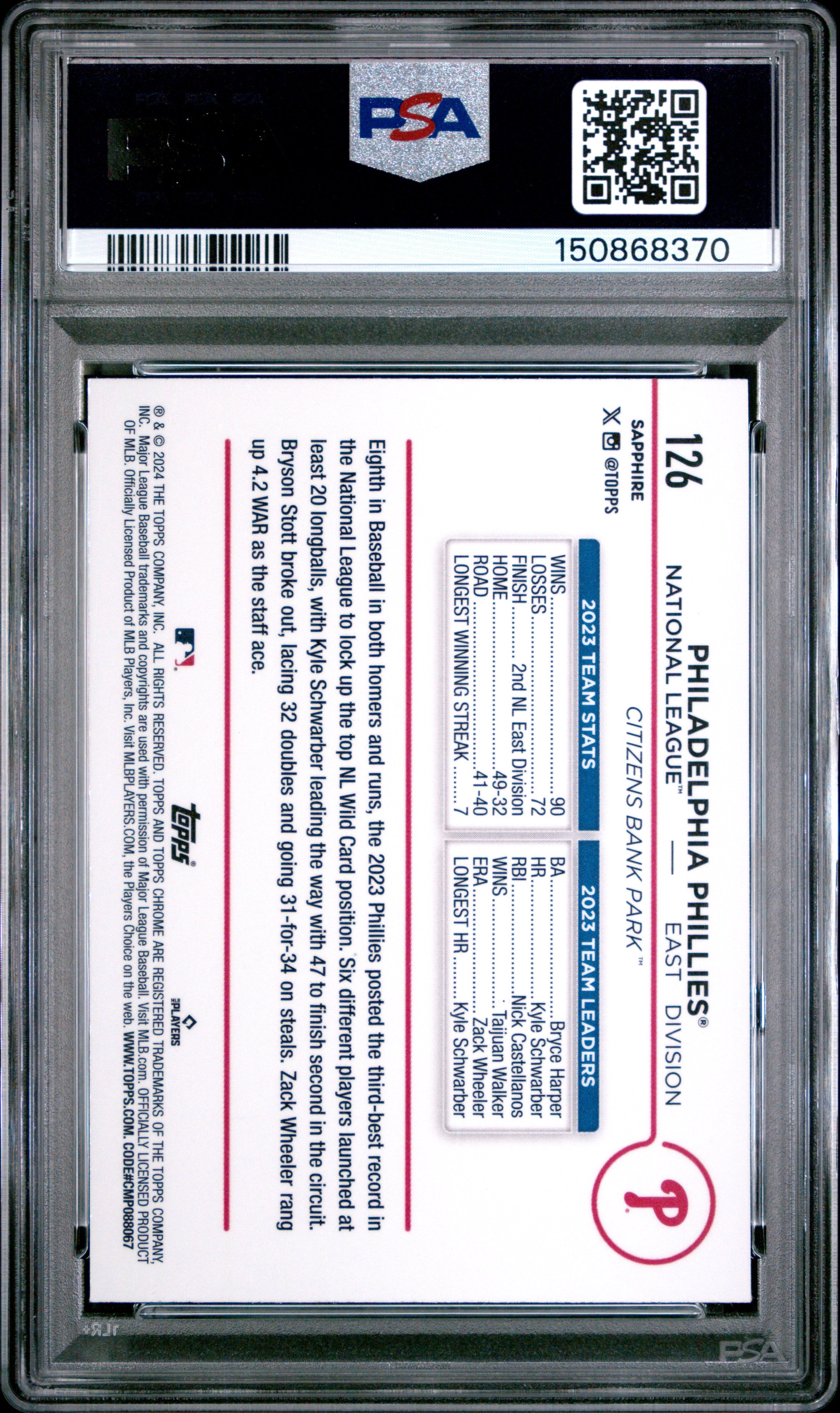 2024 Topps Chrome Sapphire Philadelphia Phillies Gold #126 PSA 10 /50 - Graded Sports Cards