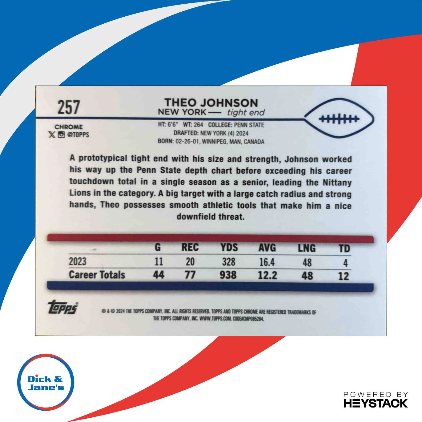 2024 Topps Chrome Theo Johnson Magenta Refractor 304/399 #257 RC New York Giants - Sports Cards