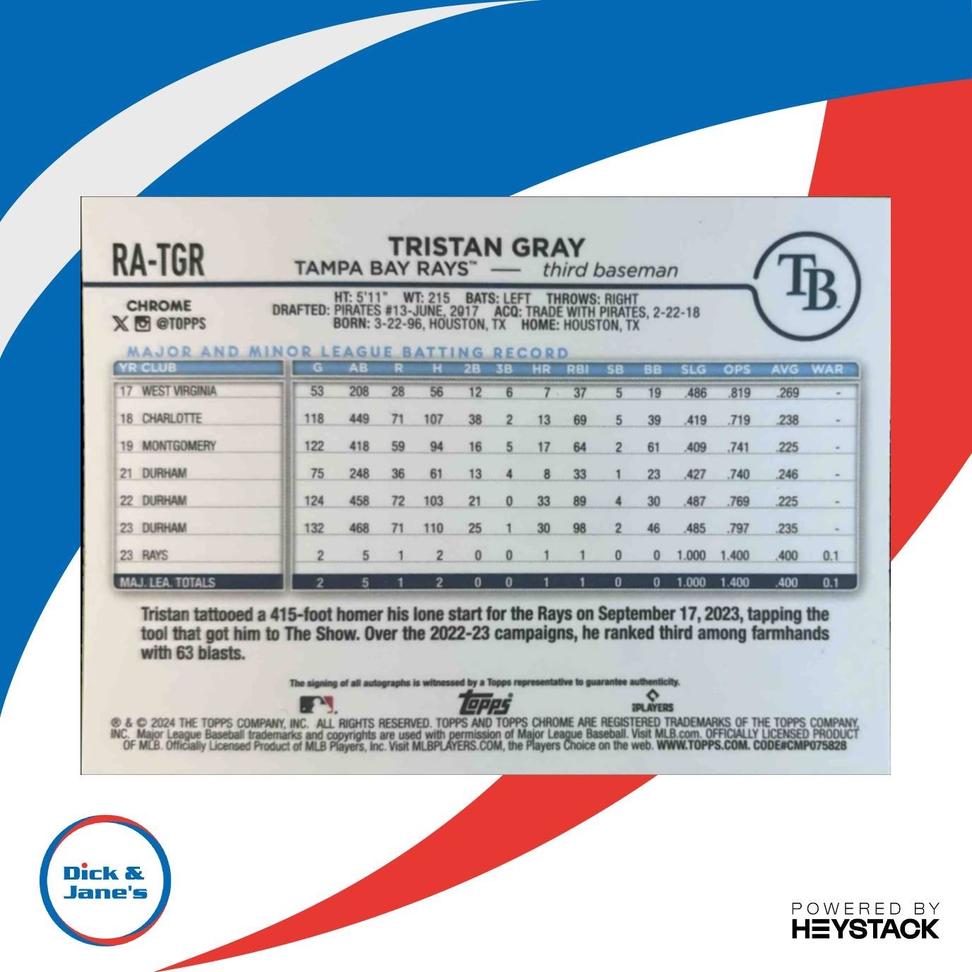 2024 Topps Chrome Tristan Gray Rookie Auto Purple Speckle /299 RC Tampa Bay Rays - Sports Cards