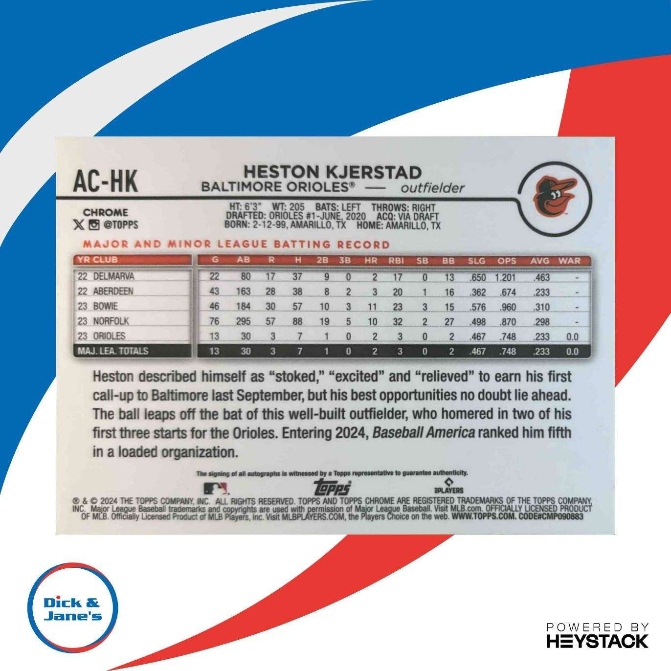 2024 Topps Chrome Update Heston Kjerstad Auto #AC-HK RC Baltimore Orioles - Sports Cards