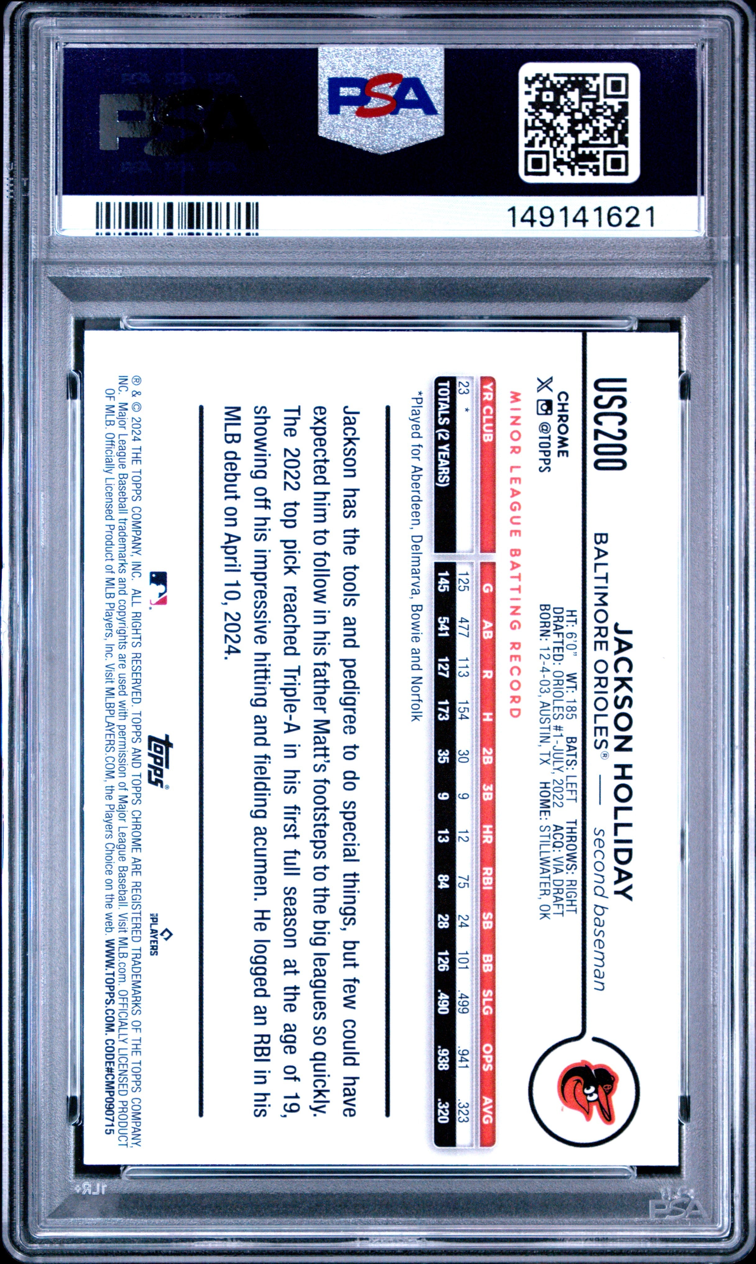 2024 Topps Chrome Update Jackson Holliday Negative Refractor #USC200 PSA 9 - Graded Sports Cards