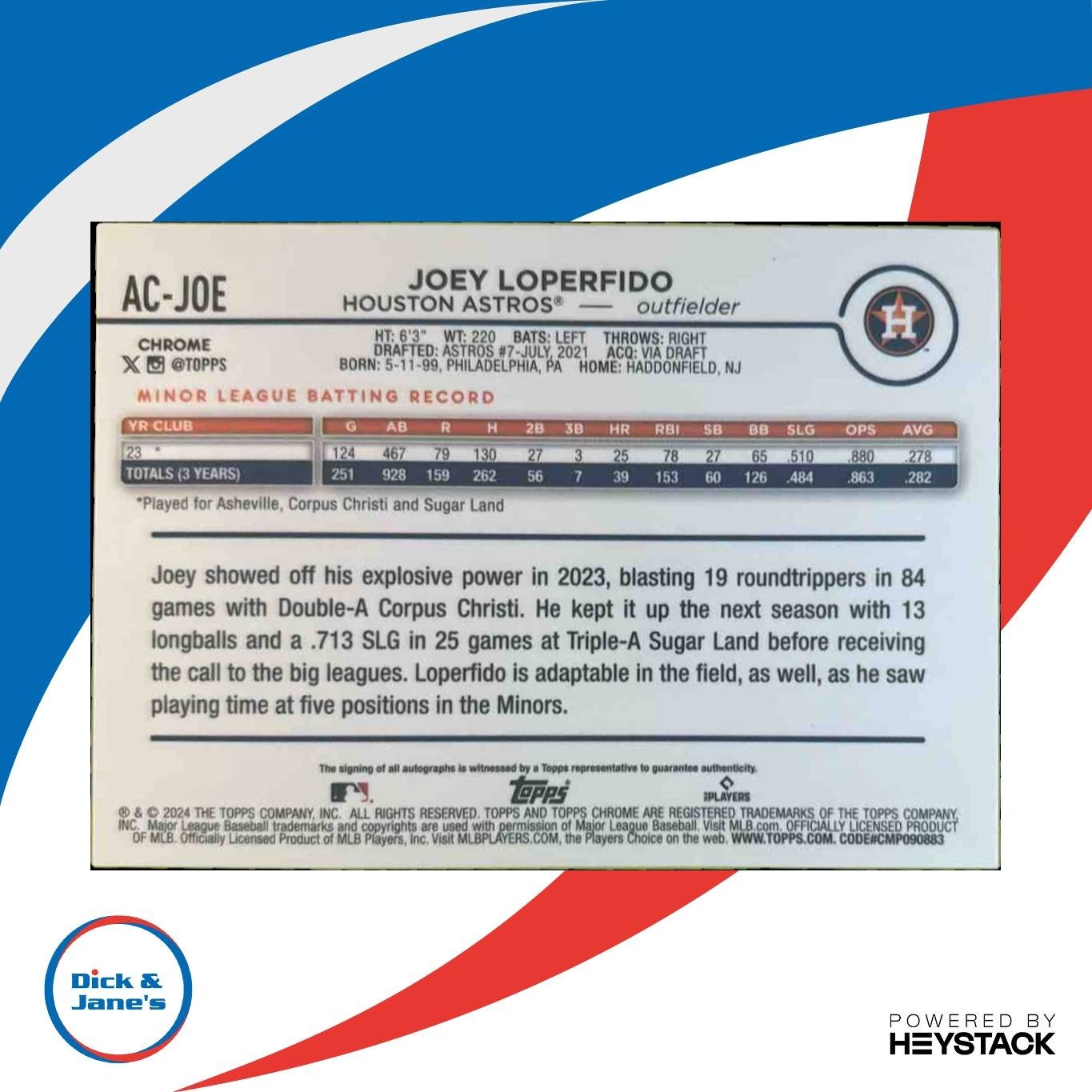 2024 Topps Chrome Update Joey Loperfido Auto Purple /250 RC Houston Astros - Sports Cards