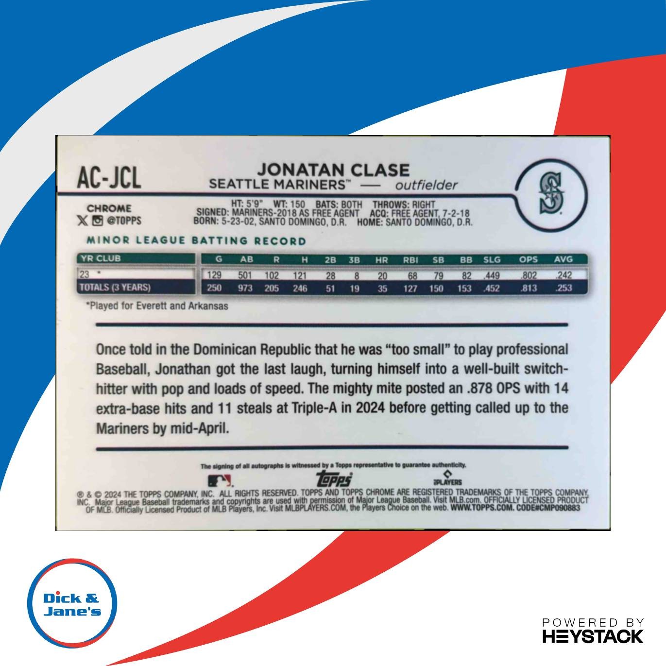 2024 Topps Chrome Update Jonatan Clase Auto Black White Mini-Diamond Mariners - Sports Cards