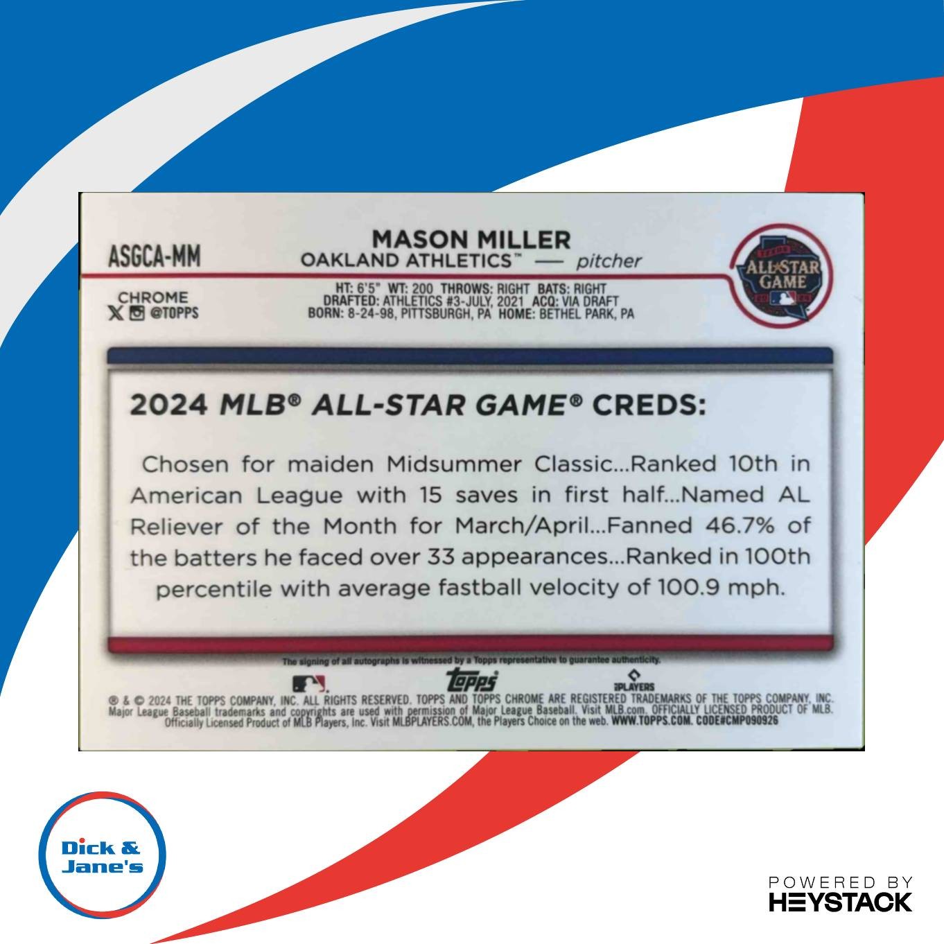 2024 Topps Chrome Update Mason Miller All-Star Game Auto Oakland Athletics - Sports Cards