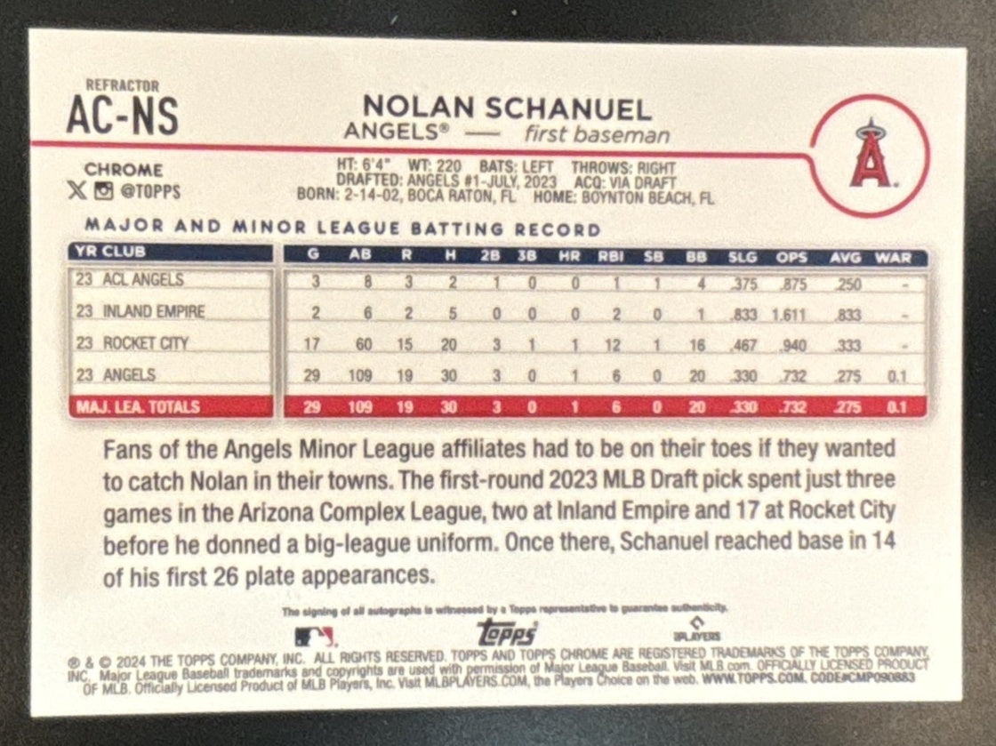 2024 Topps Chrome Update Nolan Schanuel Auto Refractor /499 RC Angels - Sports Cards