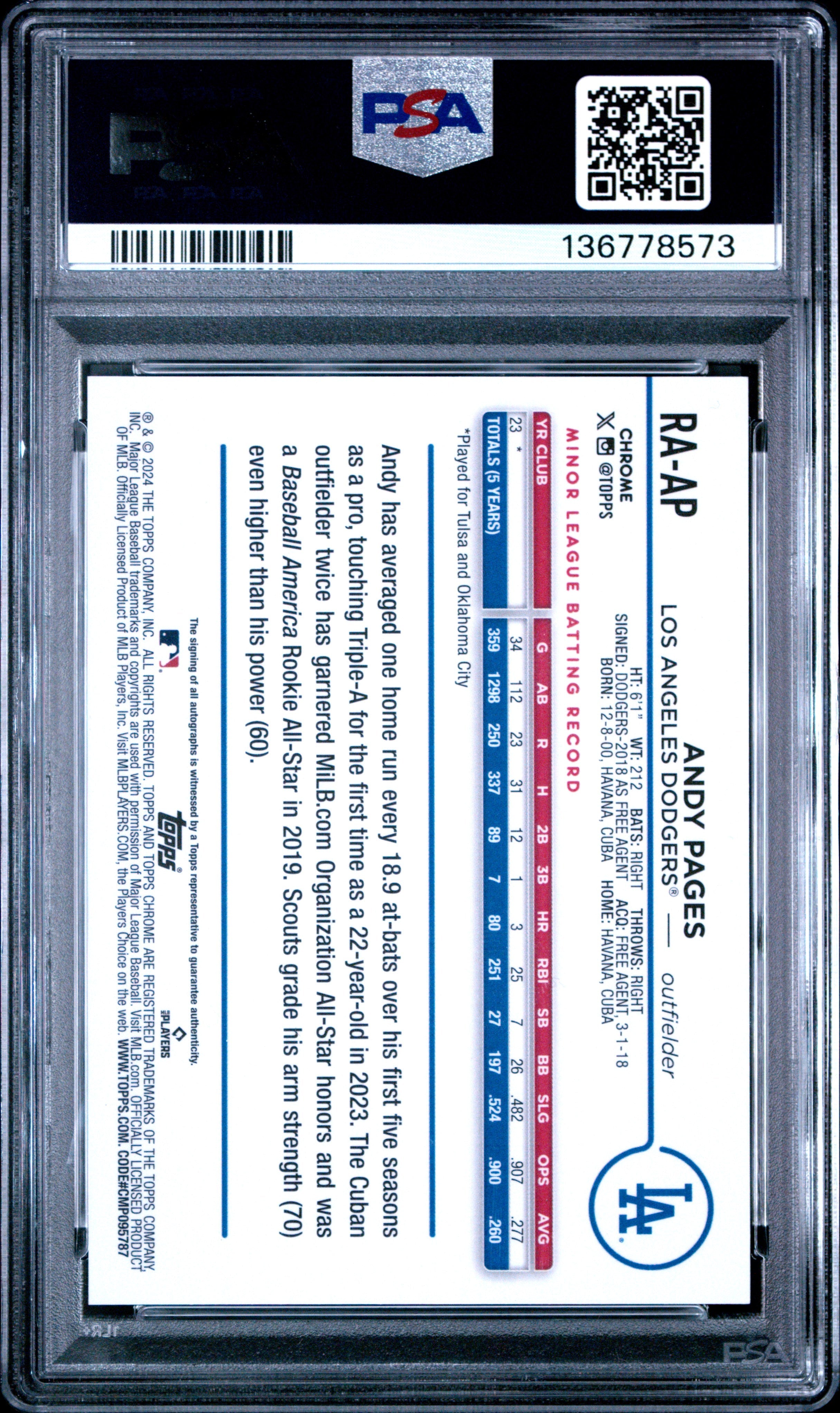 2024 Topps Chrome Update Rookie Auto Andy Pages Aqua Blue Lava Lamp /175 PSA 10 - Graded Sports Cards