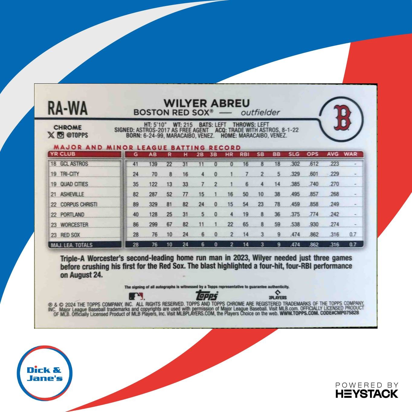 2024 Topps Chrome Wilyer Abreu Rookie Auto #RA-WA RC Boston Red Sox - Sports Cards