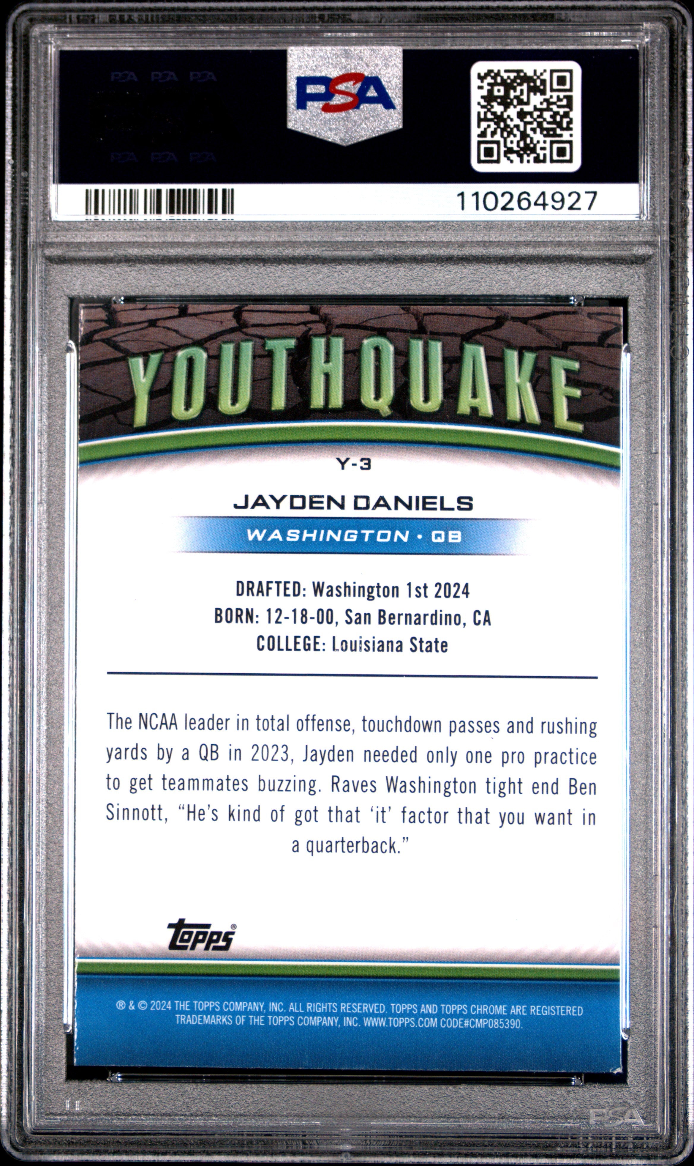 2024 Topps Chrome Youthquake Jayden Daniels #Y3 PSA 9 MINT - Graded Sports Cards
