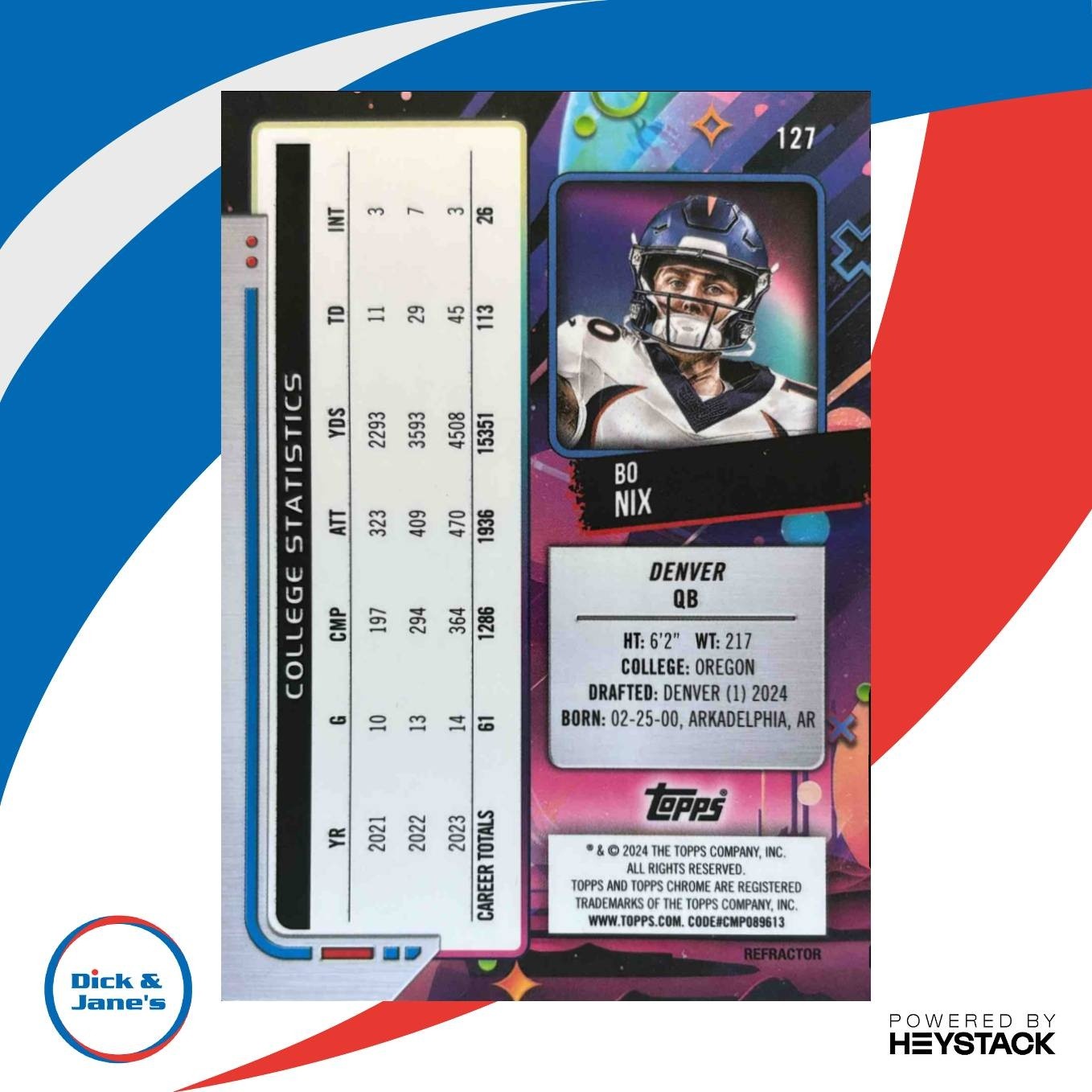 2024 Topps Cosmic Chrome Bo Nix Refractor #127 RC Denver Broncos - Sports Cards