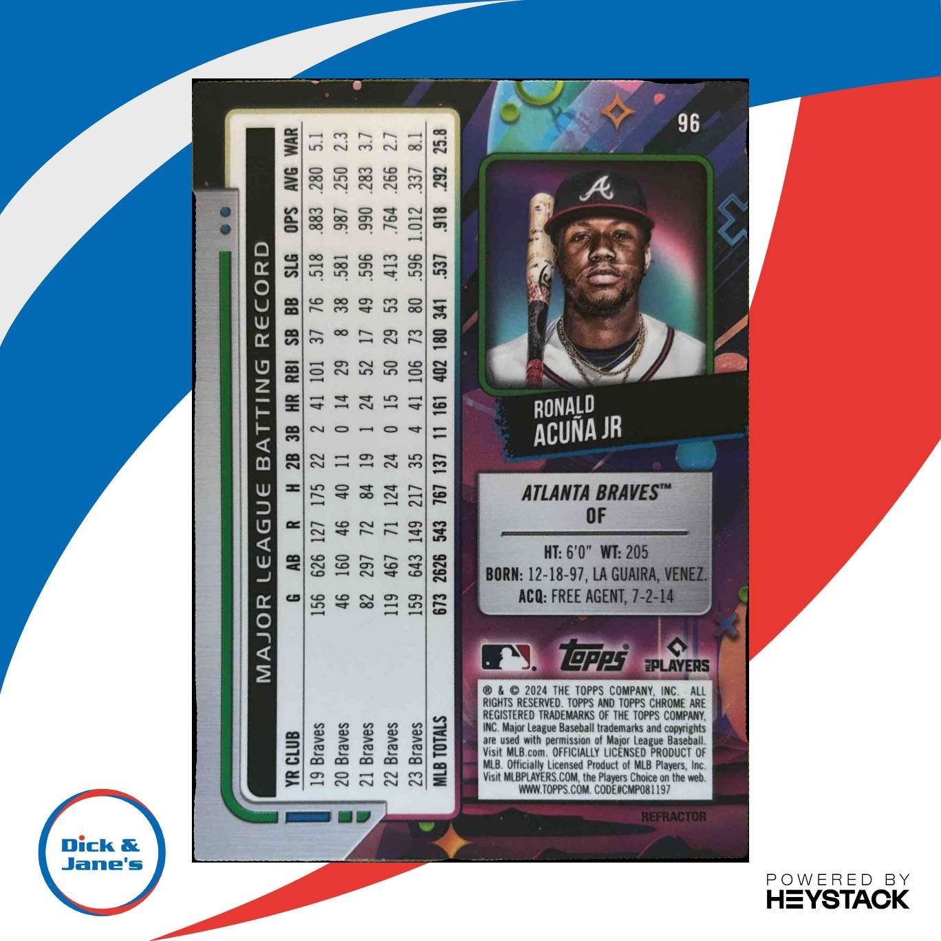 2024 Topps Cosmic Chrome Ronald Acuna Jr Refractor #96 Atlanta Braves - Sports Cards