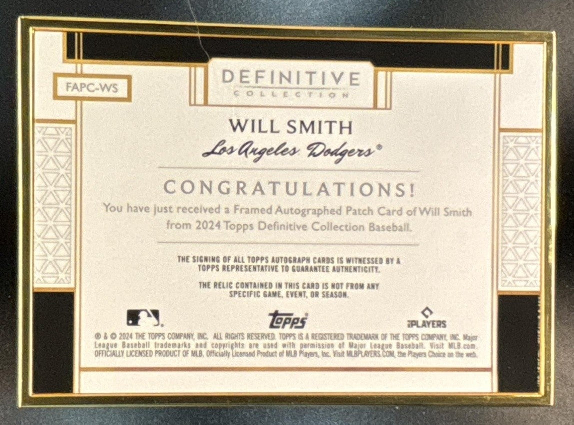2024 Topps Definitive Collection Will Smith Framed Auto Patch Purple /10 Dodgers - Sports Cards