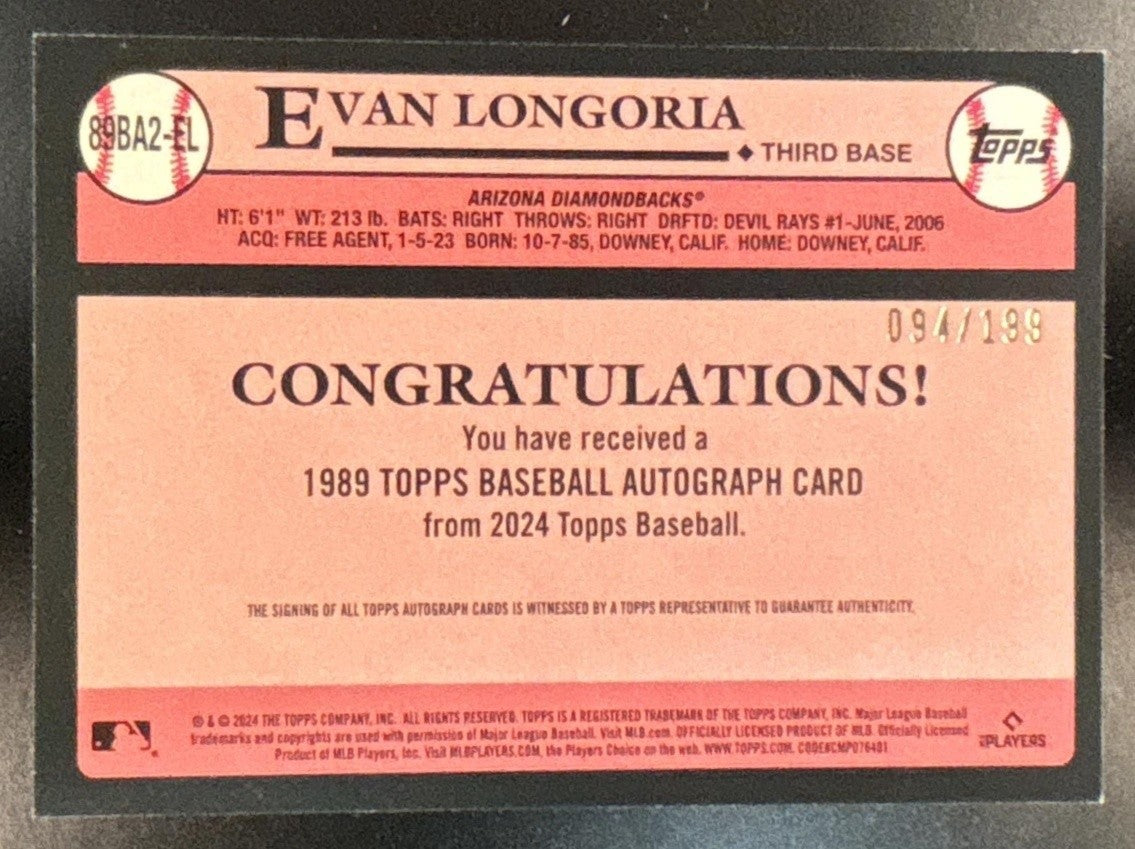 2024 Topps Evan Longoria 1989 Baseball 35th Anniversary Auto Black /199 - Sports Cards