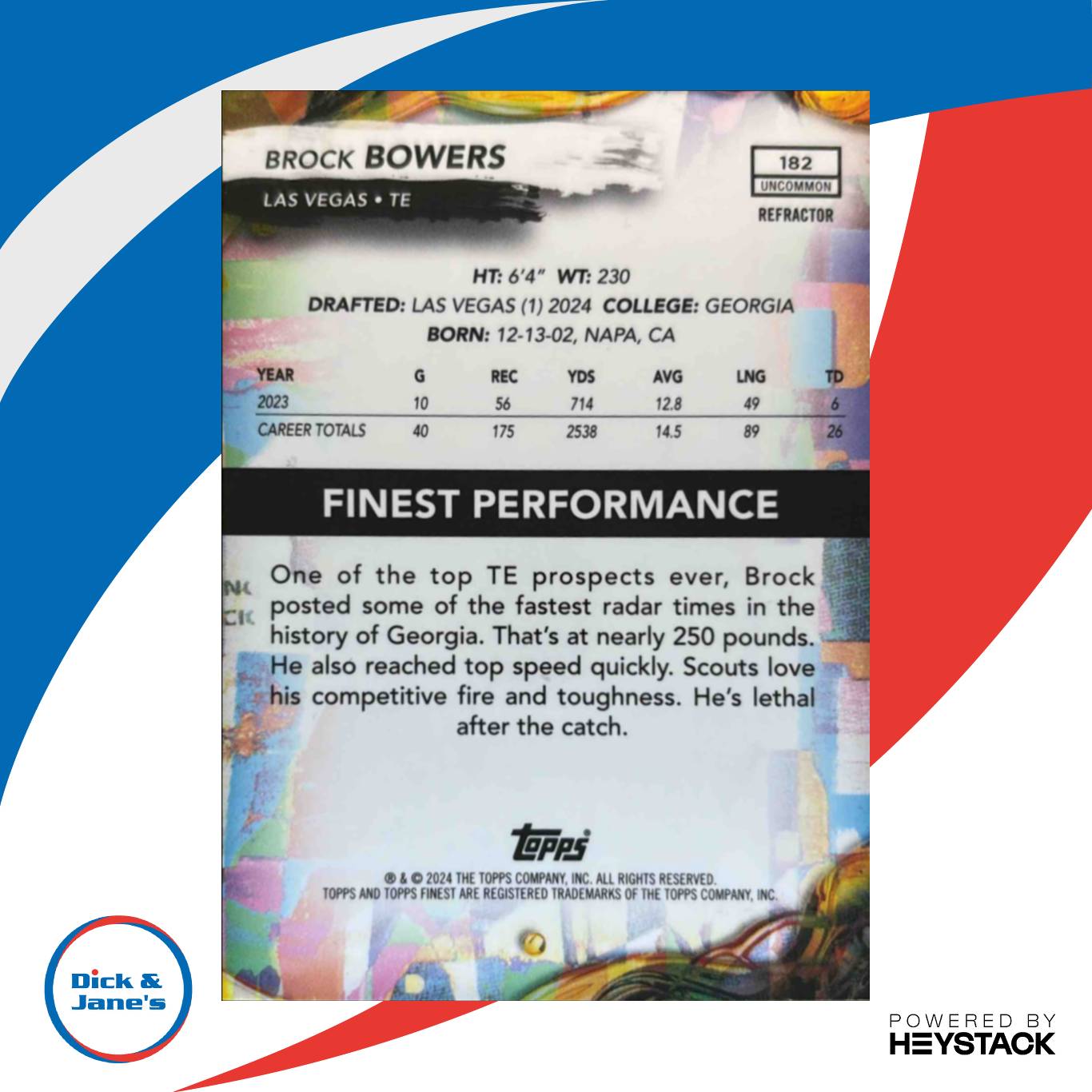 2024 Topps Finest Brock Bowers Refractor #182 Uncommon RC Las Vegas Raiders - Sports Cards