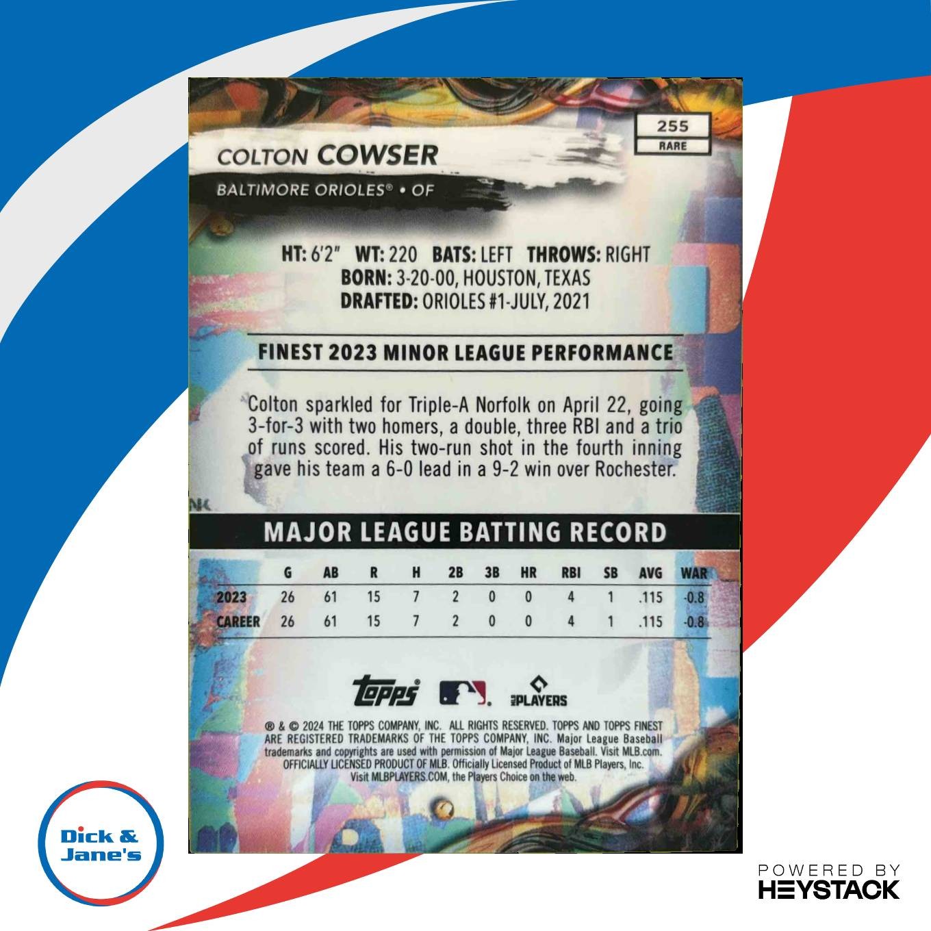 2024 Topps Finest Colton Cowser Purple Refractor 60/125 255 RC Baltimore Orioles - Sports Cards