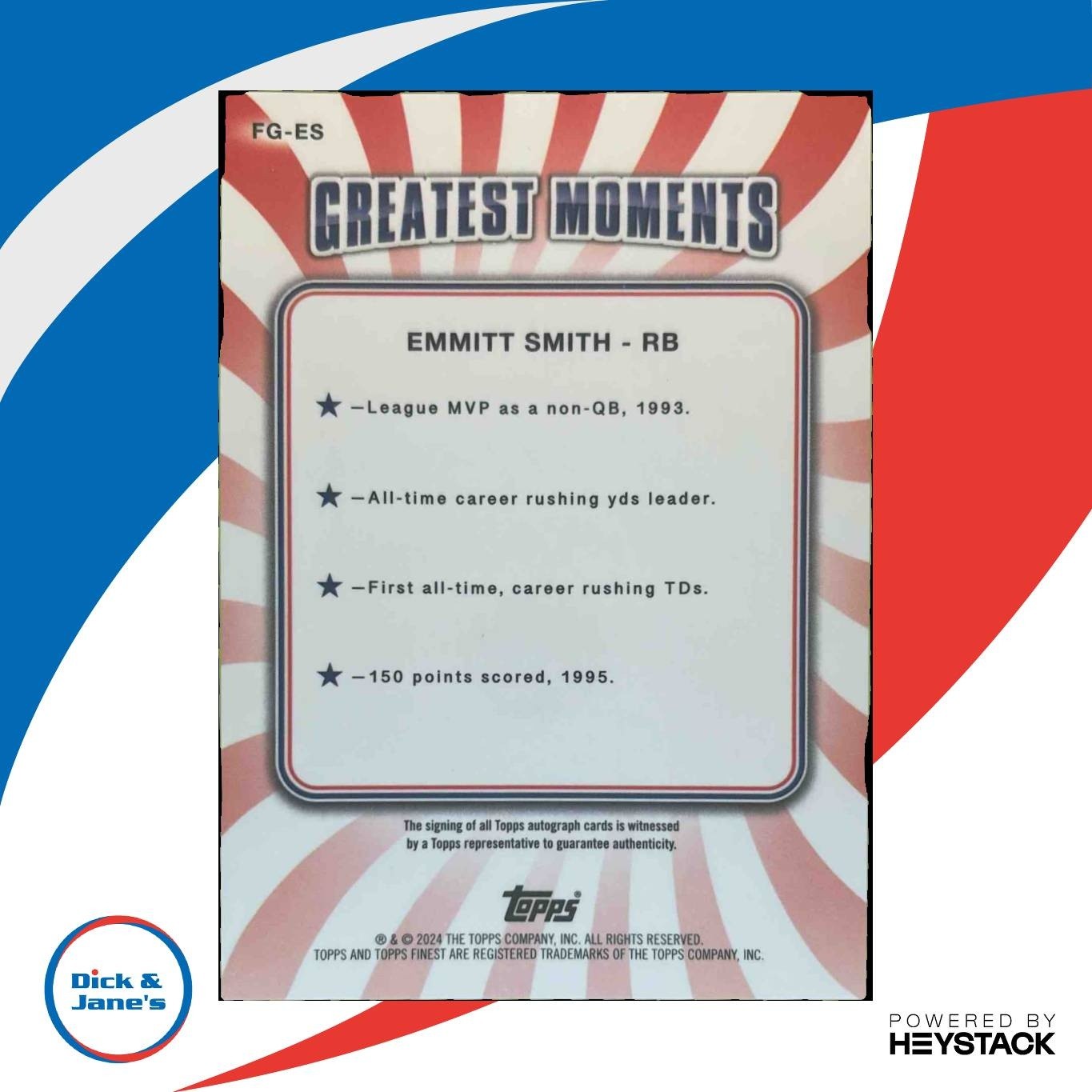 2024 Topps Finest Emmitt Smith Greats Auto Black Refractor /25 Dallas Cowboys - Sports Cards