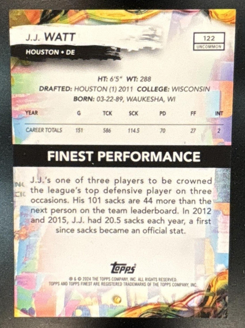 2024 Topps Finest J.J. Watt Black Refractor /20 #122 Uncommon Houston Texans - Sports Cards