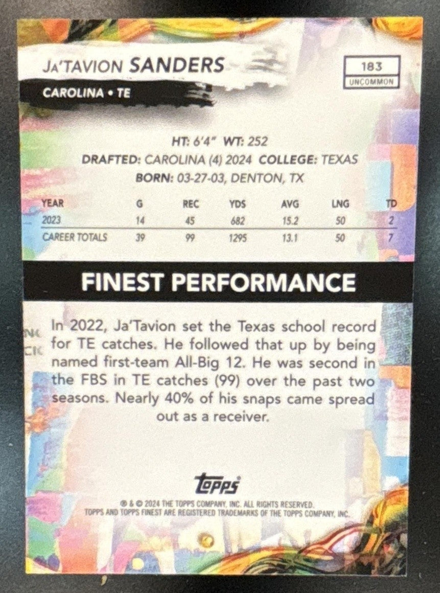 2024 Topps Finest Ja’Tavion Sanders Purple Checkerboard /99 RC Carolina Panthers - Sports Cards