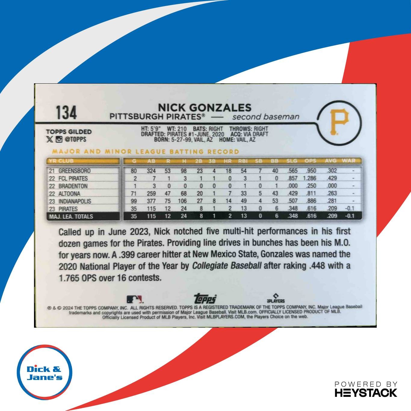 2024 Topps Gilded Collection Nick Gonzales Gold Wave Refractor /75 #134 Pirates - Sports Cards