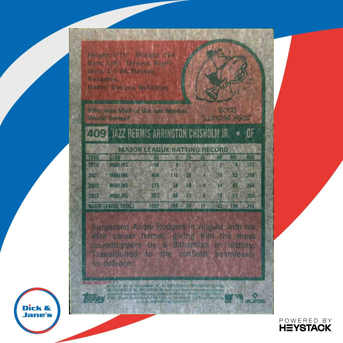 2024 Topps Heritage Jazz Chisholm Jr. Chrome Purple Refractor #409 Miami Marlins - Sports Cards