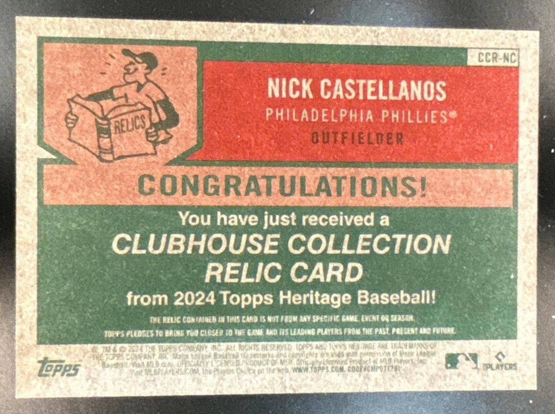 2024 Topps Heritage Nick Castellanos Clubhouse Collection Relics Phillies - Sports Cards