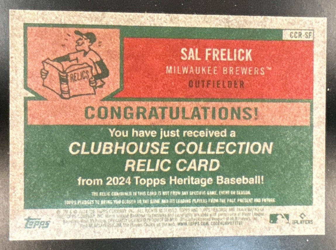 2024 Topps Heritage Sal Frelick Clubhouse Collection Relics RC Milwaukee Brewers - Sports Cards