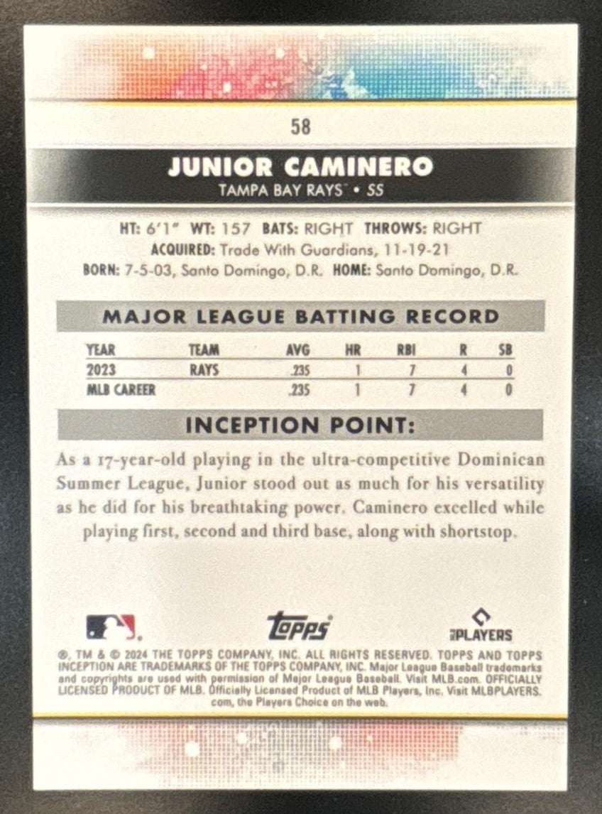 2024 Topps Inception Junior Caminero Green #58 RC Tampa Bay Rays - Sports Cards