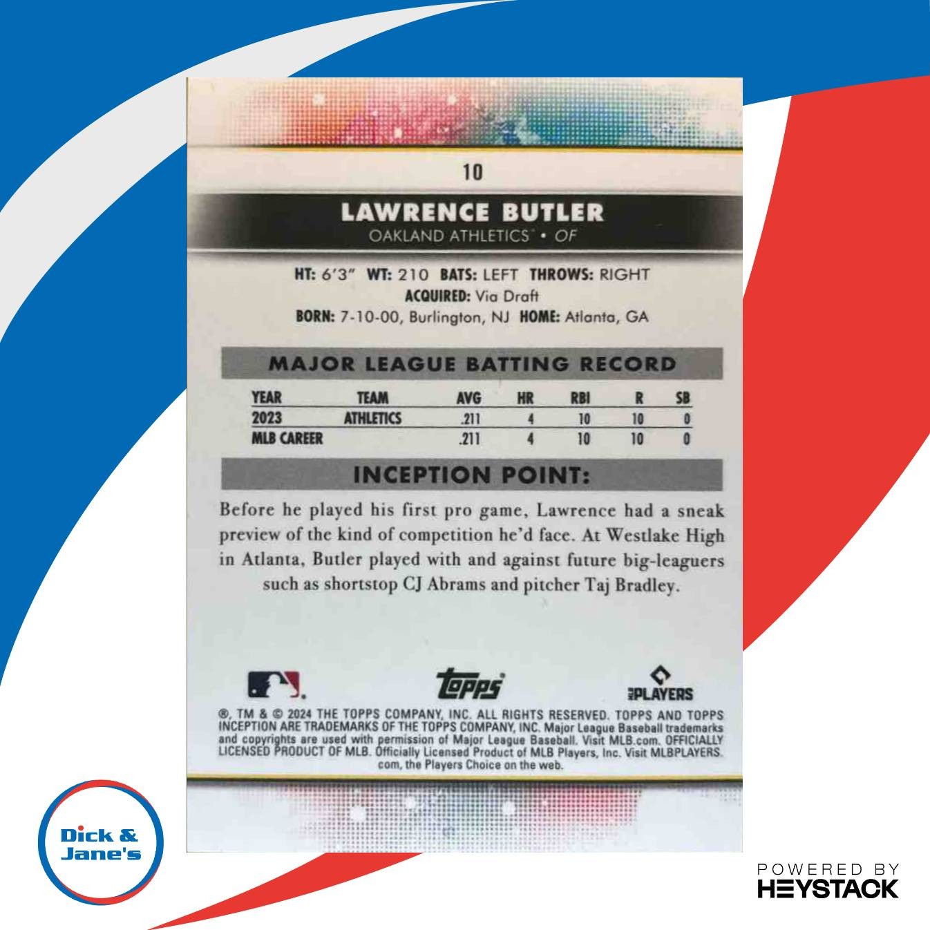 2024 Topps Inception Lawrence Butler Yellow 64/199 #10 RC Oakland Athletics - Sports Cards