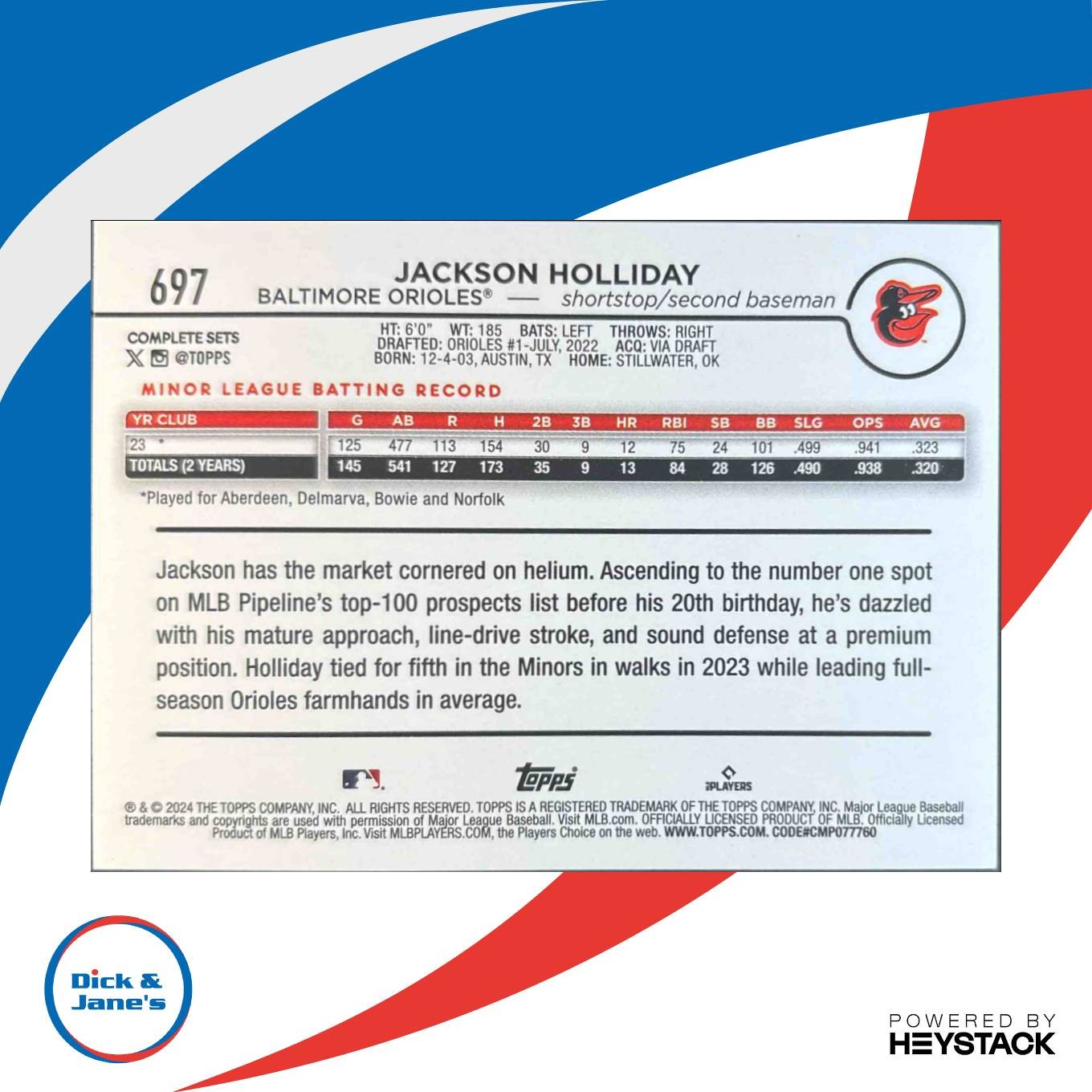 2024 Topps Jackson Holliday Rookie Variations #697 RC Baltimore Orioles - Sports Cards