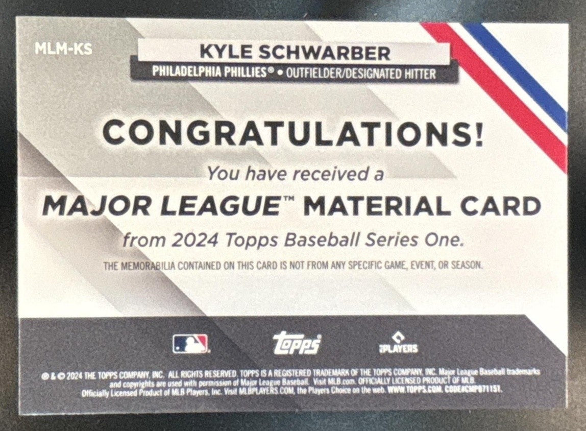 2024 Topps Kyle Schwarber Major League Material Relics MEM Philadelphia Phillies - Sports Cards