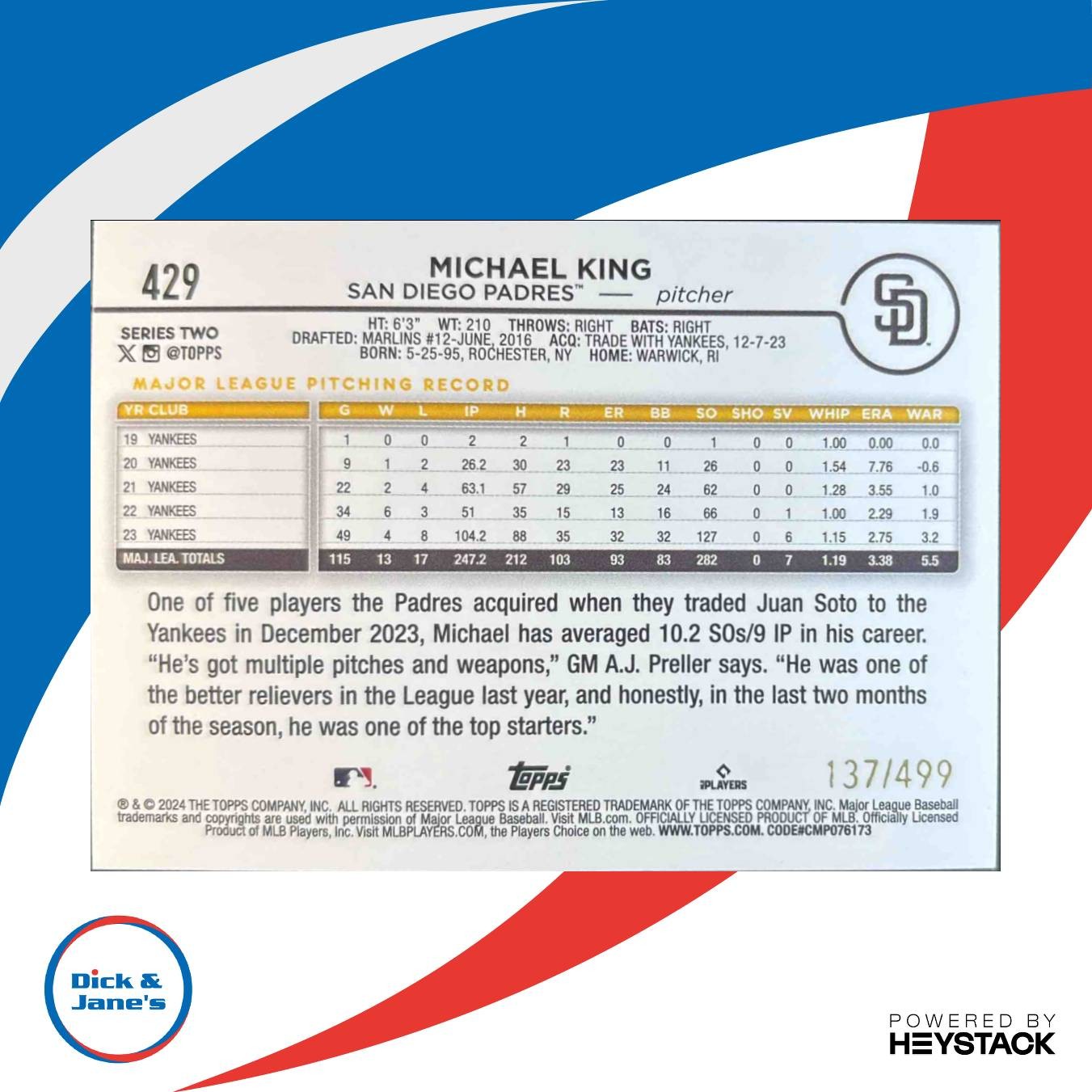 2024 Topps Michael King Green Crackle Foil 137/499 #429 San Diego Padres - Sports Cards