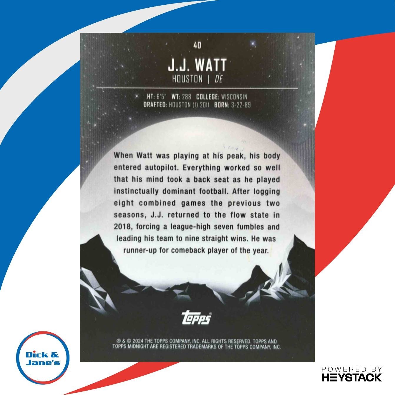 2024 Topps Midnight J.J. Watt #40 Houston Texans - Sports Cards