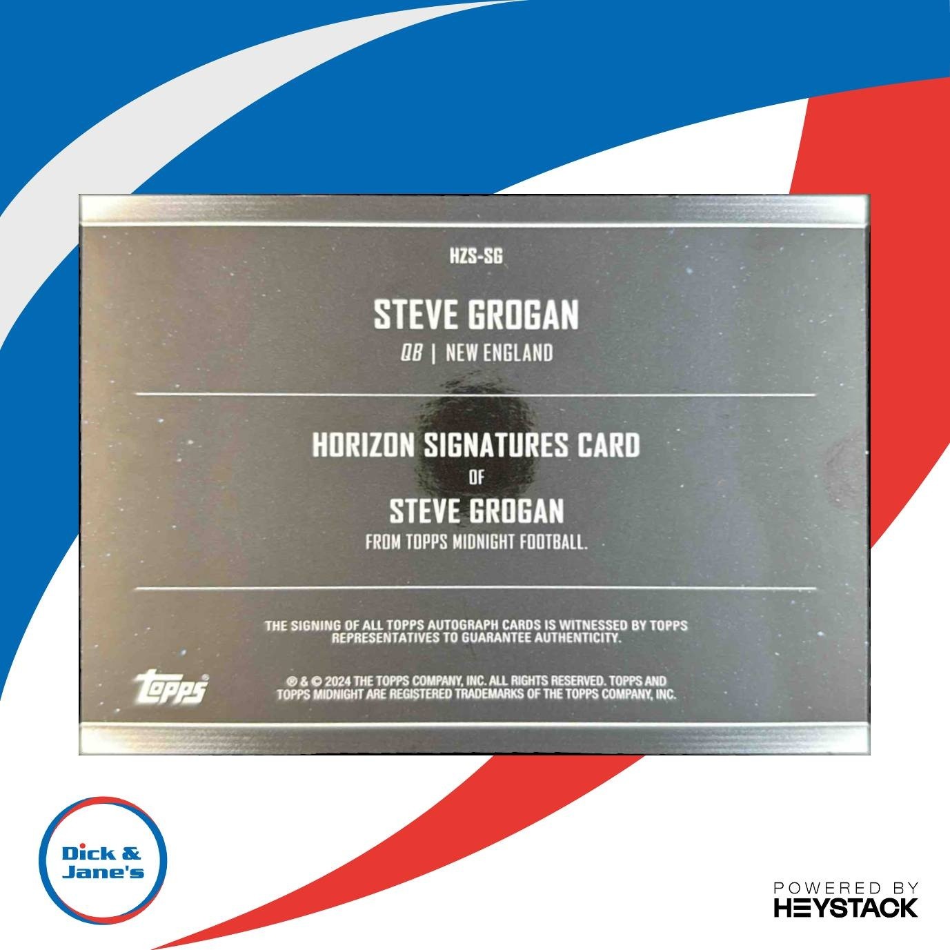 2024 Topps Midnight Steve Grogan Horizon Signatures Dusk 24/75 Patriots - Sports Cards