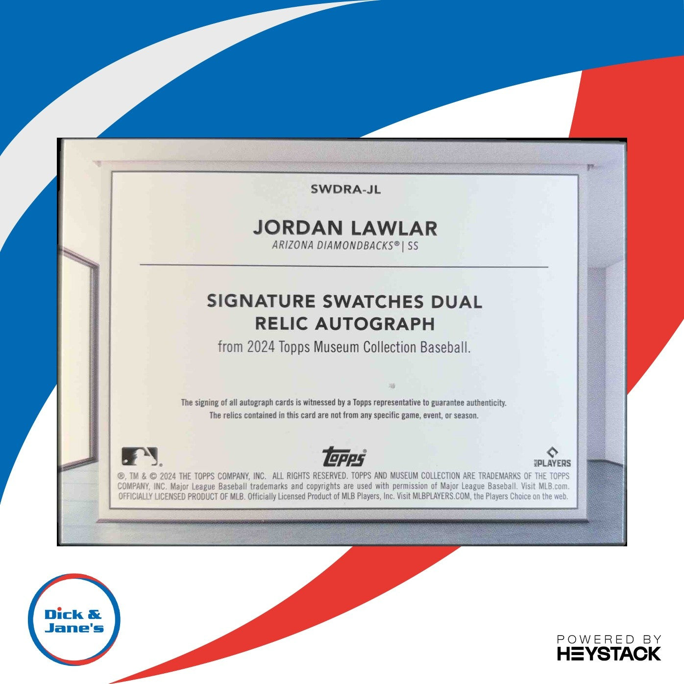2024 Topps Museum Collection Jordan Lawlar Signature Swatches Dual Relic 101/299 - Sports Cards