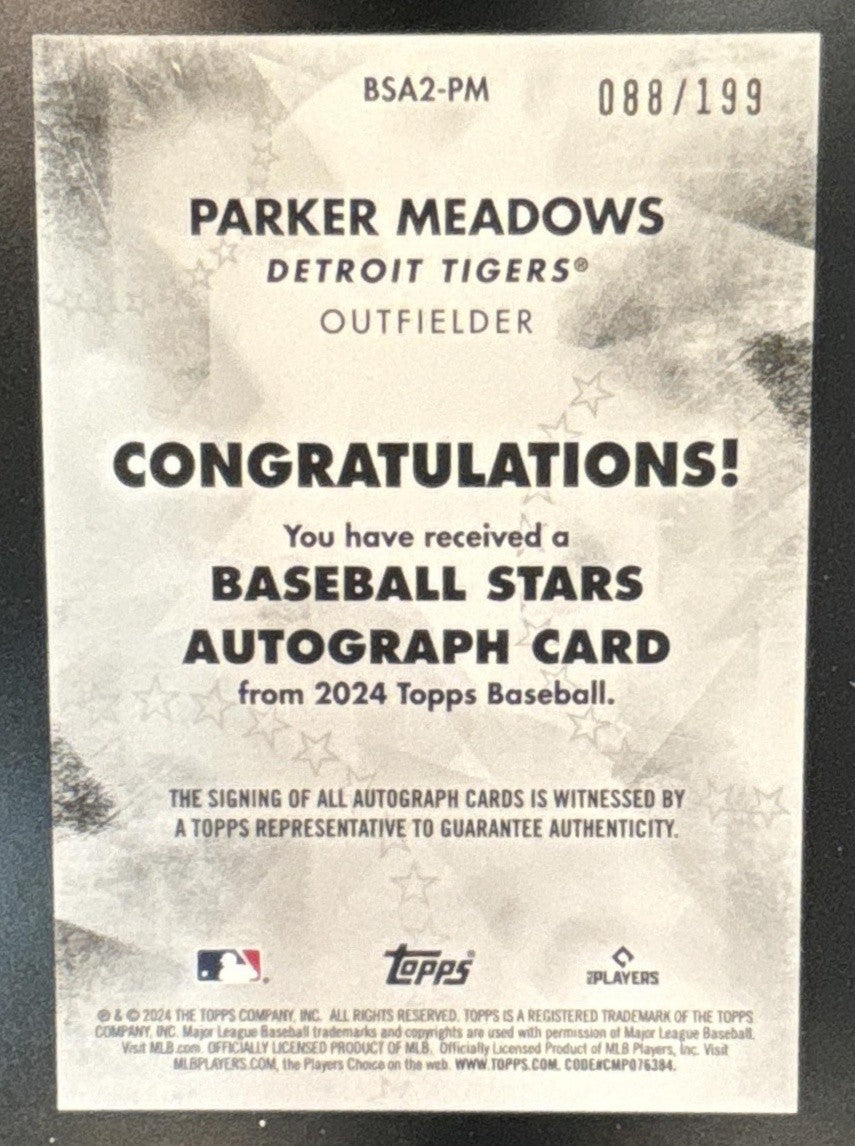 2024 Topps Parker Meadows Baseball Stars Auto Series Two Black /199 RC Tigers - Sports Cards