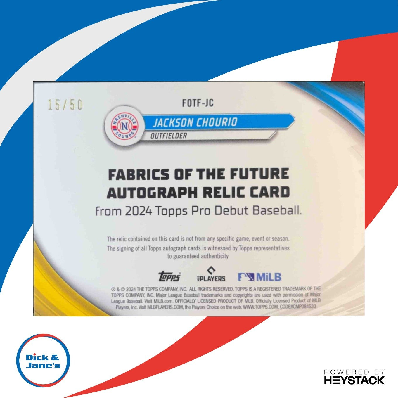 2024 Topps Pro Debut Jackson Chourio Fabrics of the Future Auto Relics Gold /50 - Sports Cards