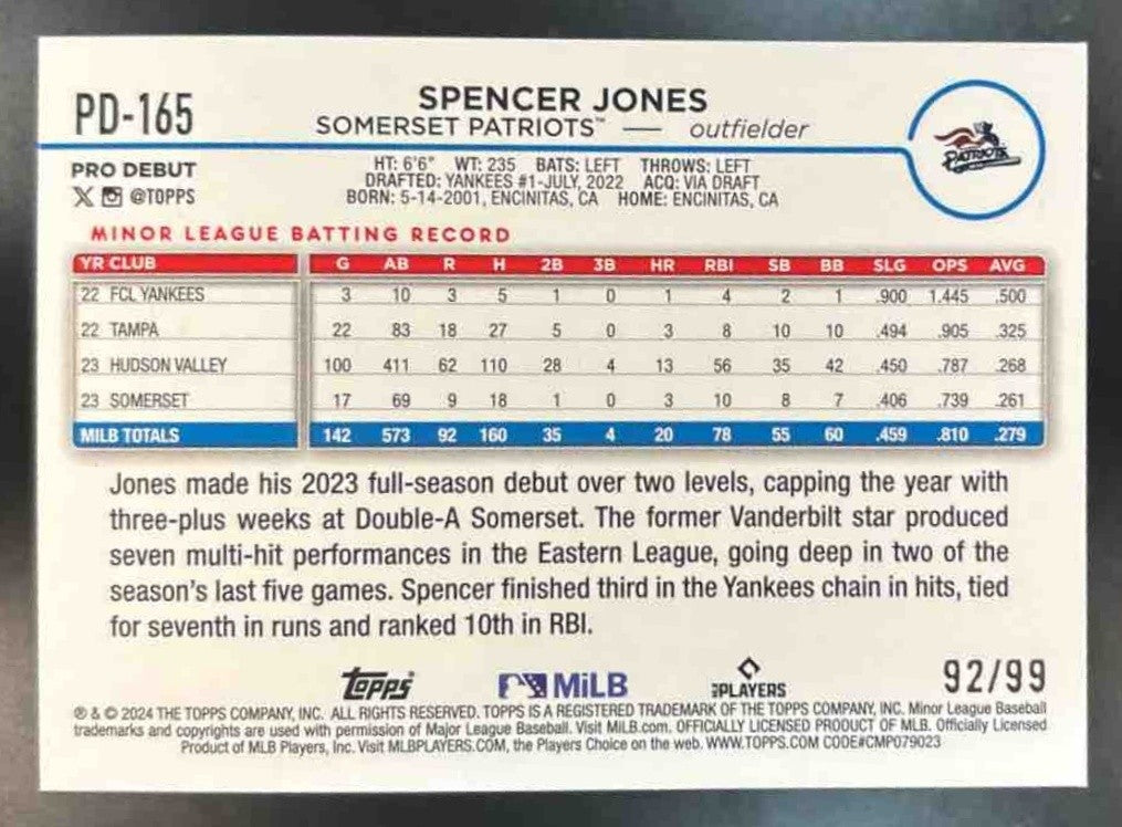 2024 Topps Pro Debut Spencer Jones Green Foil /99 #PD-165 - Sports Cards