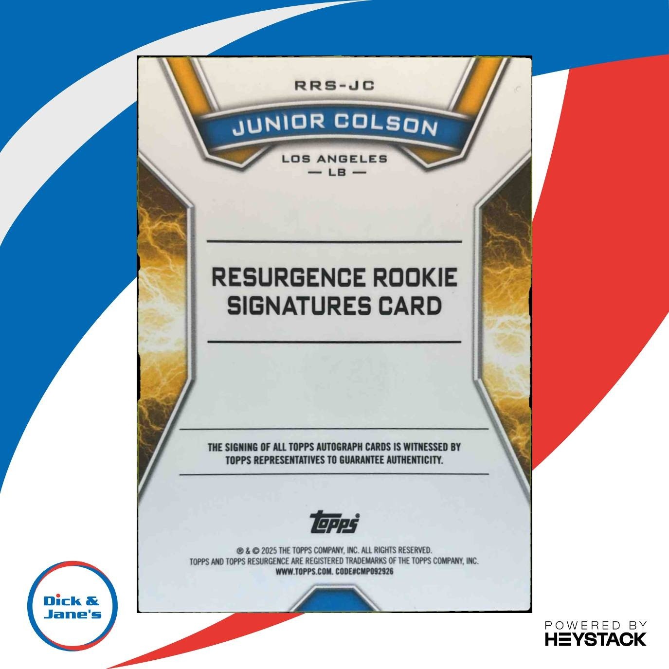 2024 Topps Resurgence Junior Colson Rookie Signature #RRS-JC RC Auto Chargers - Sports Cards