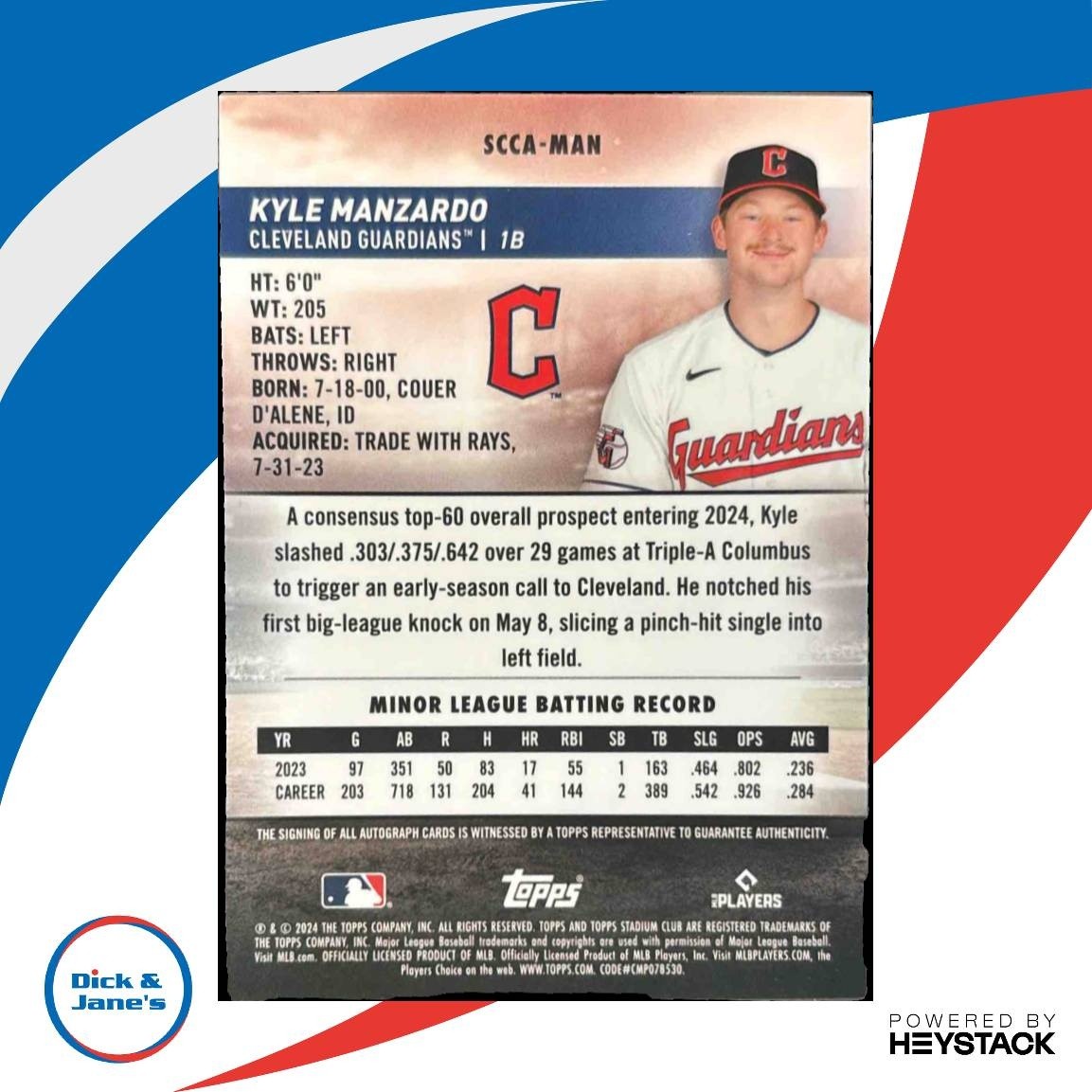 2024 Topps Stadium Club Kyle Manzardo Chrome Auto RC Cleveland Guardians - Sports Cards