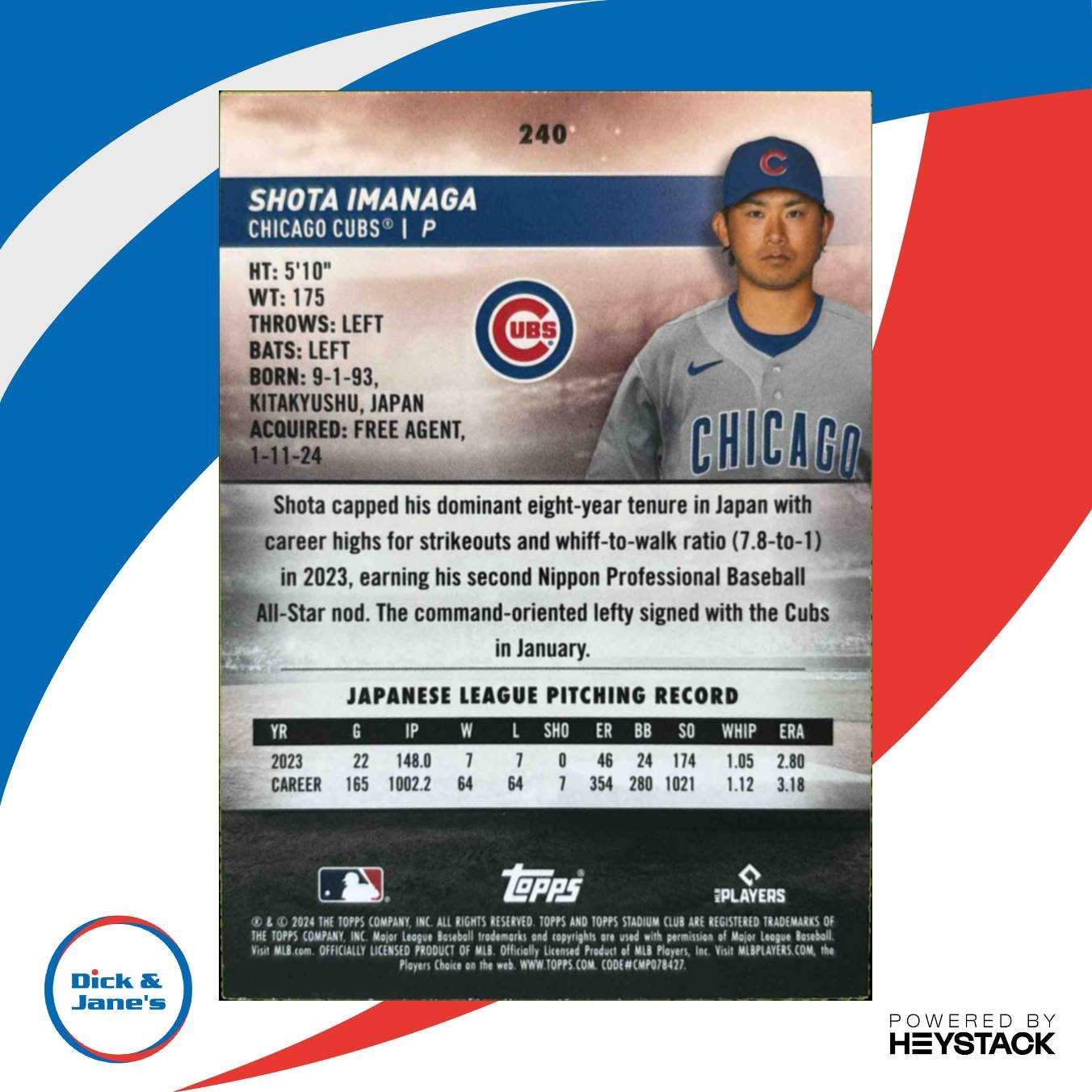 2024 Topps Stadium Club Shota Imanaga Red Foil #240 RC Chicago Cubs - Sports Cards