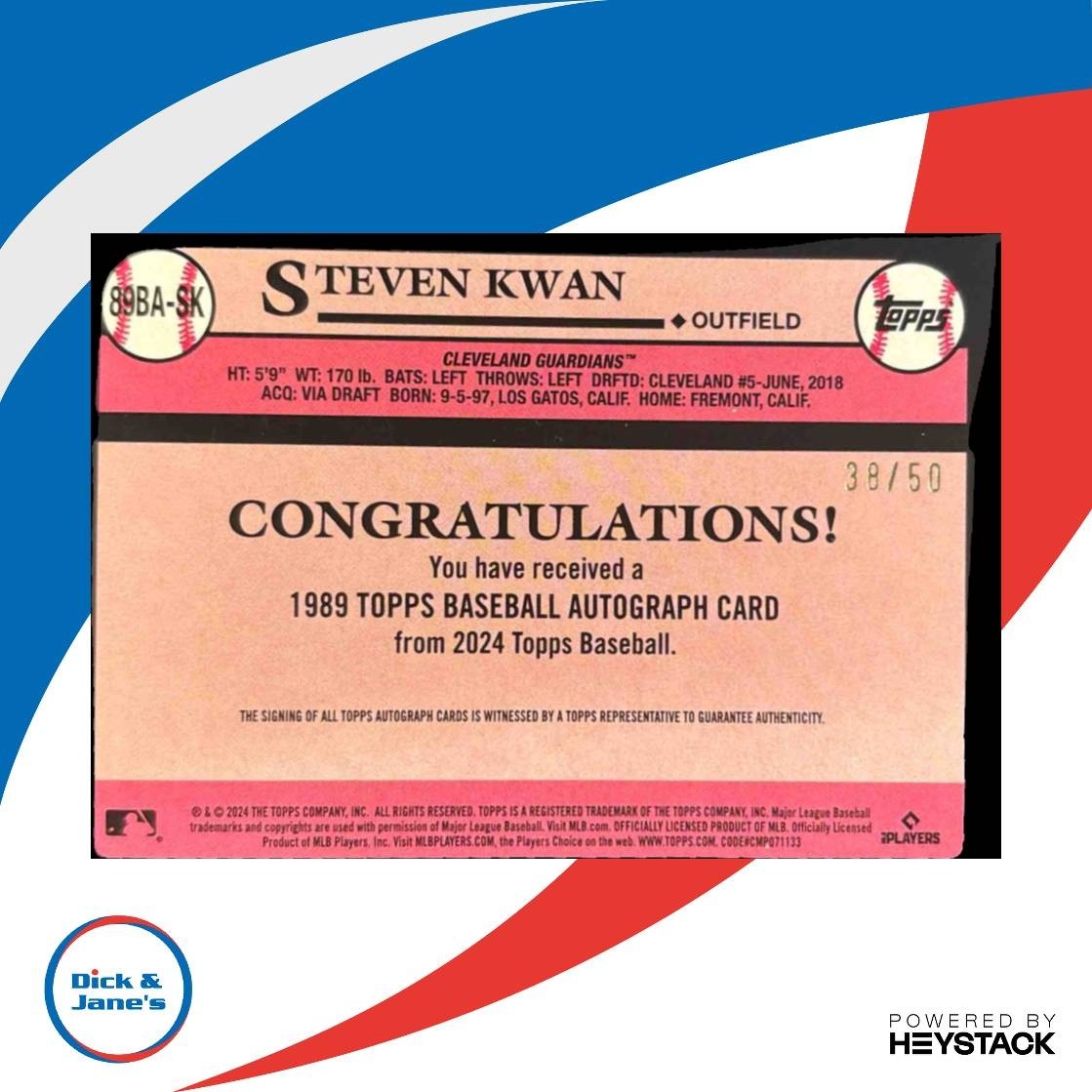 2024 Topps Steven Kwan 1989 Baseball 35th Anniversary Auto Gold /50 Guardians - Sports Cards